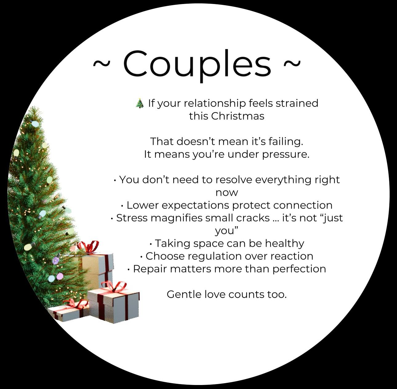 …
🎄 Christmas can be hard on relationships 🎄
If you and your partner are struggling this season, you’re not broken — you’re human.
A few gentle reminders for couples this Christmas:
✨ You don’t have to fix everything before the holidays
✨ Lower expectations = less disappointment
✨ Stress, money, family & exhaustion amplify emotions
✨ It’s okay to take breaks from each other and from traditions
✨ Choose kindness over winning arguments
✨ One calm conversation is better than ten silent resentments
✨ Love can look quiet, messy, and imperfect — and still be real
If this season feels heavy, you’re not alone. Be gentle with yourself and each other 🤍
Save this. Share it. Or come back to it when things feel tense.
#ChristmasStruggles #CouplesAtChristmas #RelationshipReminder #HolidayStress #RealLove
#GentleRelationships
#couplescounselling #couplestherapy
#WirralCounsellor #WirralTherapist
#TherapyNearMe