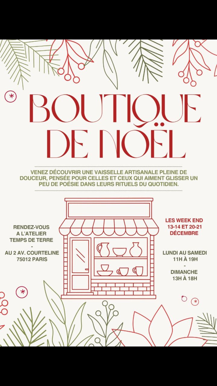 ✨Boutique de Noël✨
à l'atelier Temps de Terre
Le week-end arrive !!
Et voici nos horaires pour venir nous rendre visite et découvrir les céramiques spécialement faites pour vous !
Oui ! Pour vous !! qui aimez glisser un brin de poésie dans vos rituels du quotidien avec une vaisselle entièrement faite à la main ici même dans notre atelier.
2 Week-ends spéciaux Boutique de Noël :
• 13 & 14 décembre
• 20 & 21 décembre
Samedi : 11h – 19h
Dimanche : 13h – 18h
En semaine :
• Du lundi au vendredi : 11h – 19h
⚠️fermeture lundi 15/12⚠️
Attention !!
Ici vous serez chouchouté, des bonnes tisanes et un delicieux chocolat chaud vous attendent.
Alors vous venez ?
À très vite !
🎄🎁🎄
