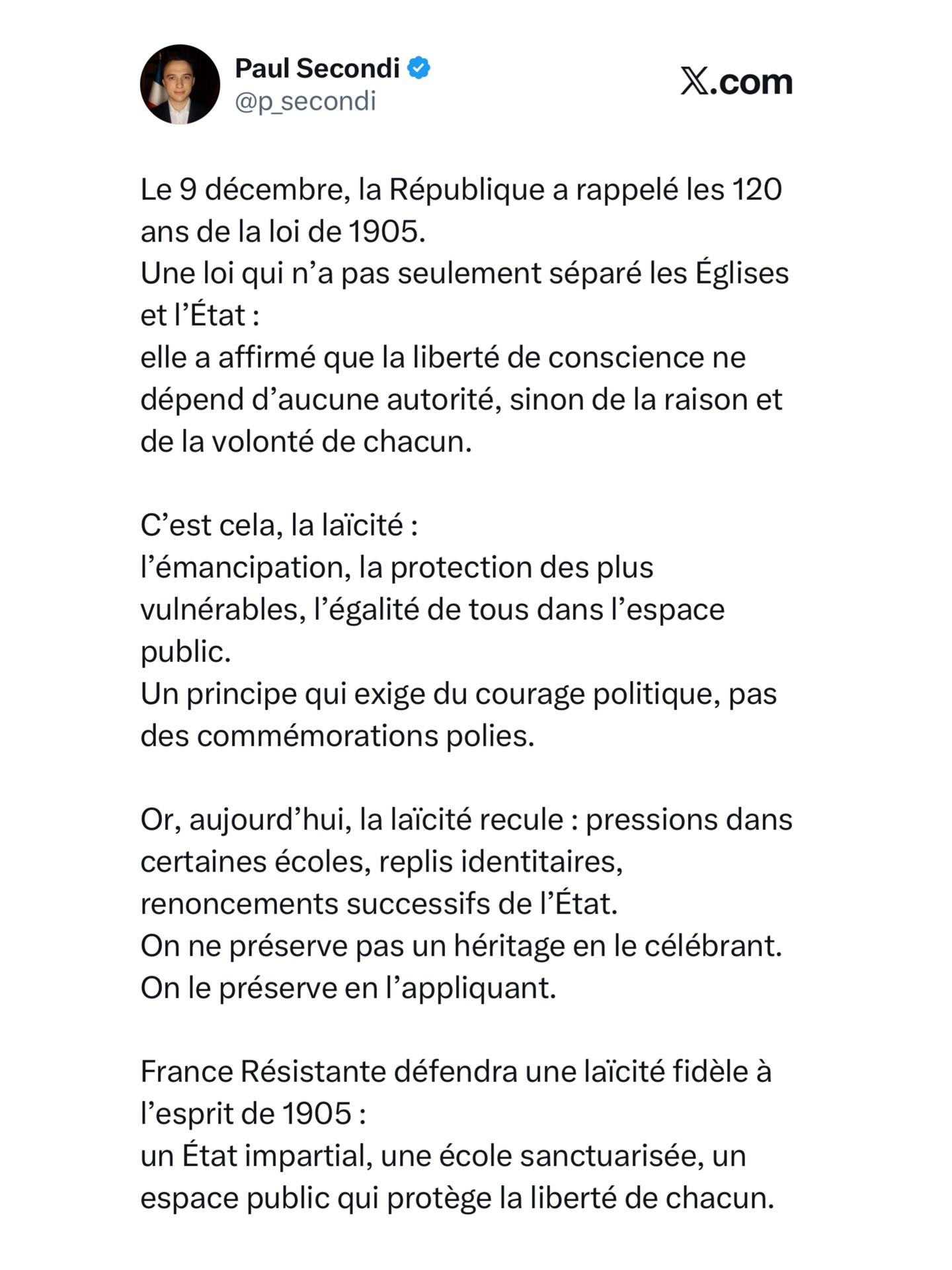 Le 9 décembre la #république a rappelé les 120 ans de la loi de 1905.
Une loi qui n’a pas seulement séparé les #églises et l’#état :
elle a affirmé que la #liberté de conscience ne dépend d’aucune autorité, sinon de la raison et de la volonté de chacun.