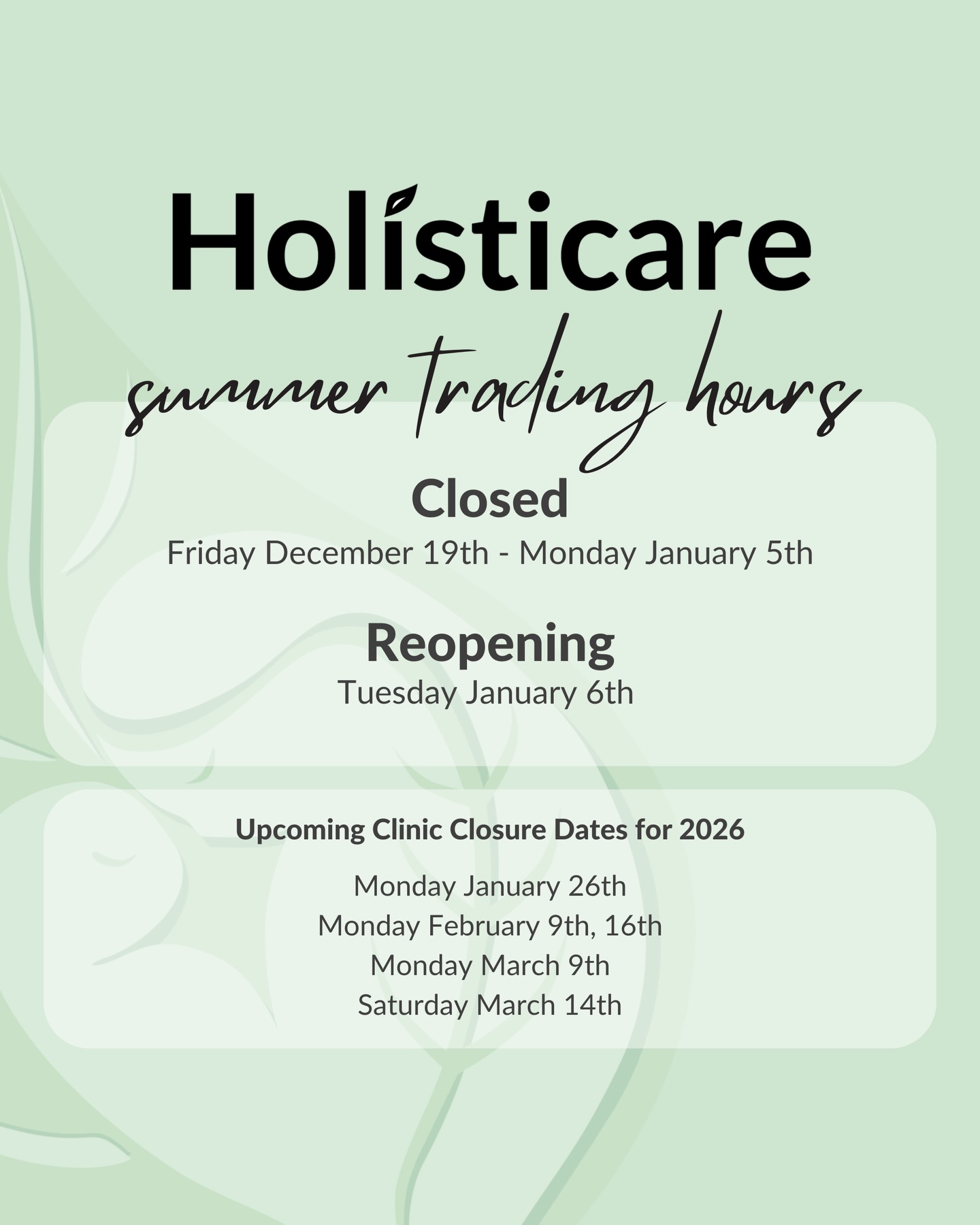 The clinic will be closed from Friday December 19th 2025 to Monday January 5th 2026 for the end of year break.
Thank you everyone who has walked through our doors and supported the clinic over the years! Wishing everyone a Merry Christmas and a relaxing summer break! 🎄☀️