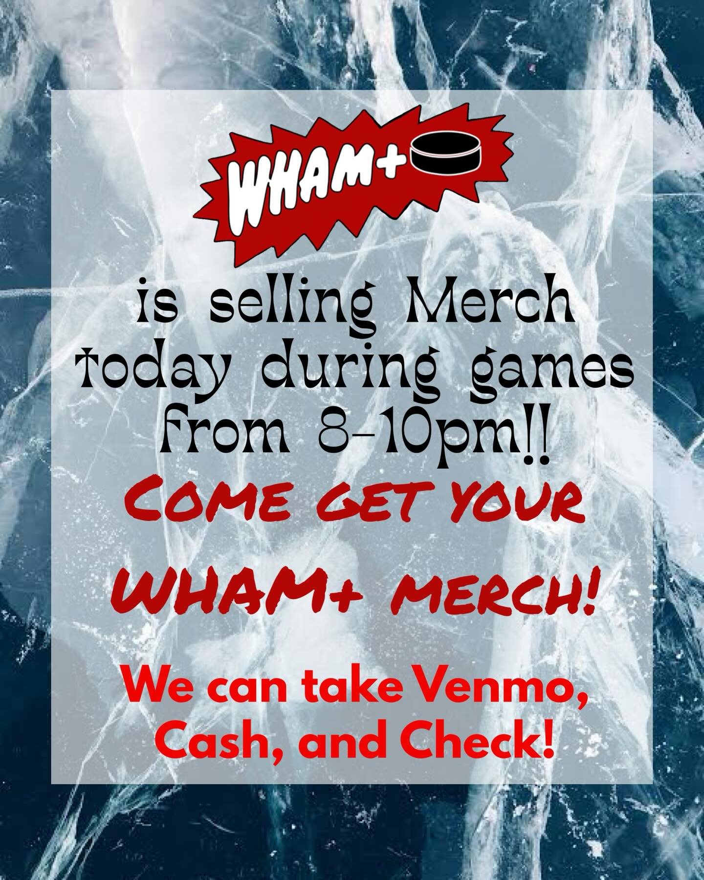It’s Game Day!! We are selling Merch today from 8-10pm at the Ice Rink!! Come and get your WHAM+ gear!!
#whamhockey #womenshockey