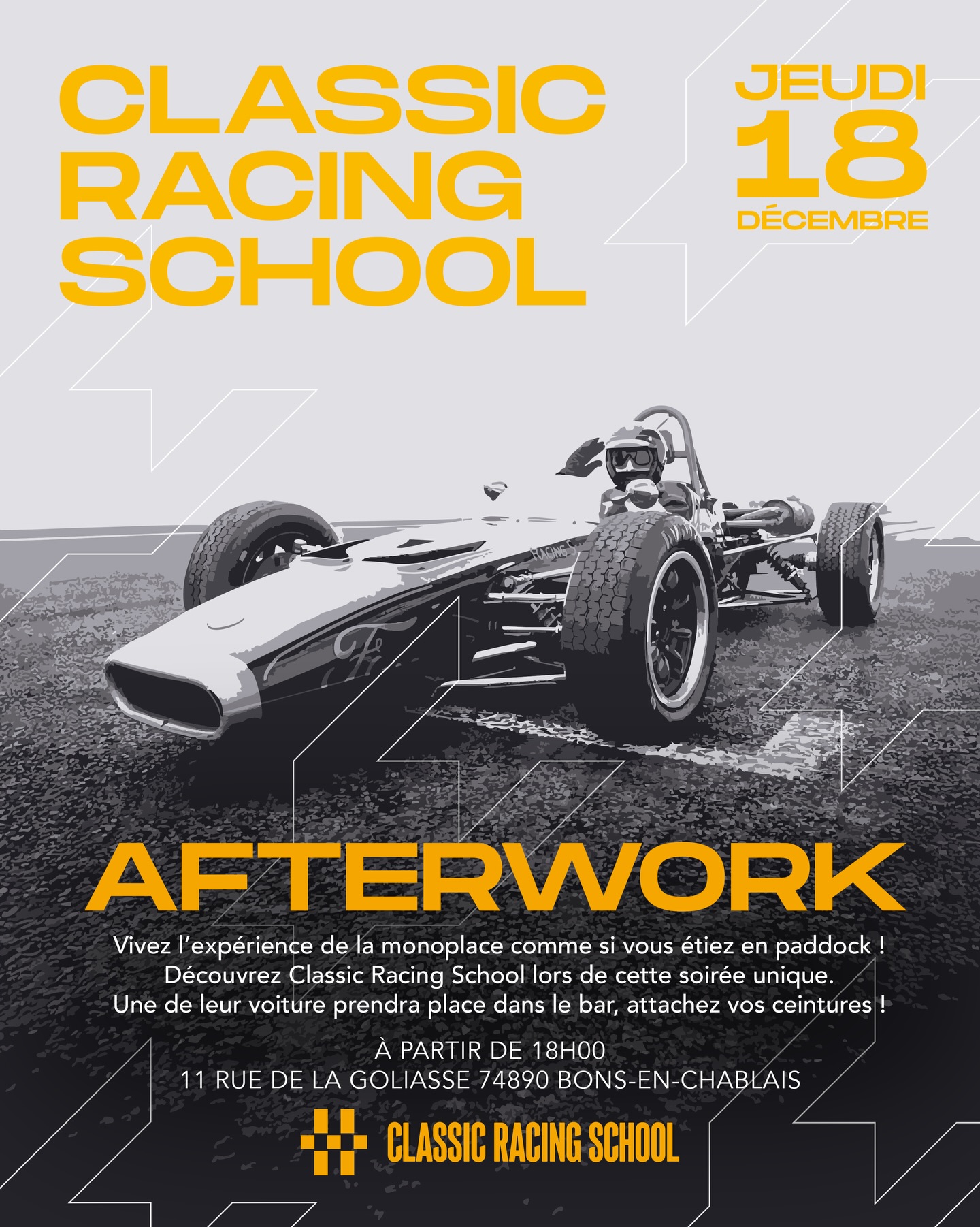 🚨SAVE THE DATE 🏎️
@classicracingschool Afterwork le jeudi 18 décembre chez @classique.bar ⚡️
Découvrez l’univers de la monoplace lors de cette soirée unique ! Une voiture sera installée dans le shop 👀
Venez parler pilotage et partager un moment avec les coachs en dégustant une bonne bière 🍻
📍17 rue de la goliasse 74890 Bons-en-Chablais
À jeudi prochain ✌🏼