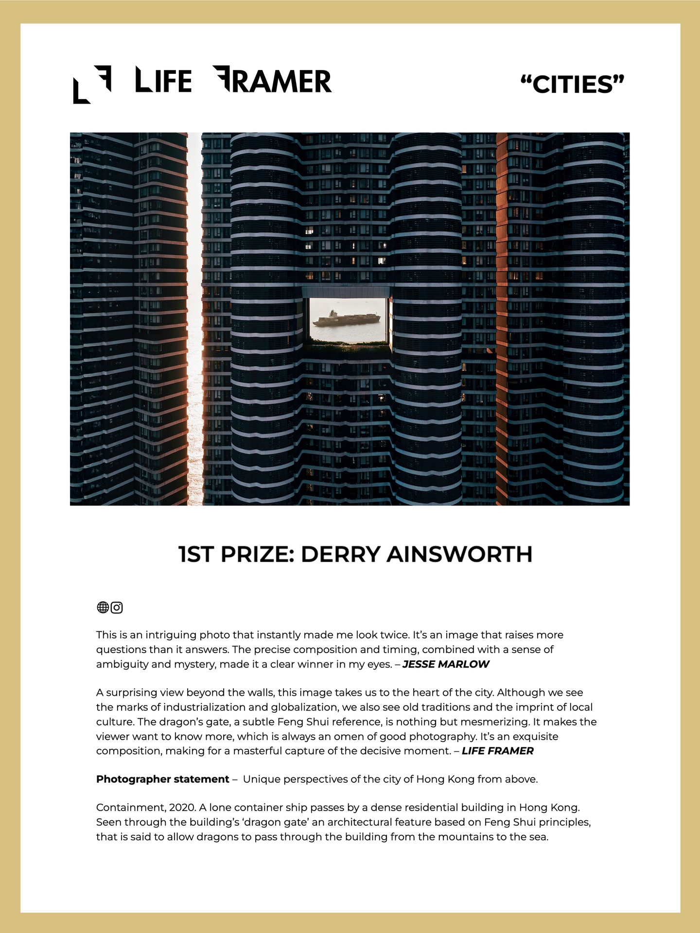 Life Framer ‘Cities’ 1st place award for my photo ‘Containment’ - thank you so much to the @life_framer team! 🥇 #hongkong #lifeframer #award #highsandlows