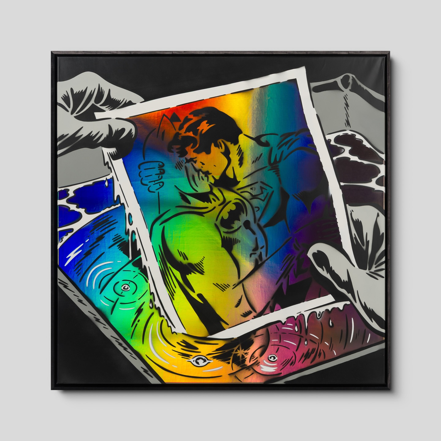 I developed and pioneered this technique of using holographic canvases about 5 years ago and I think this is one of the best uses for holographic textures in any painting I’ve done. Makes the wet exposing photograph feel more real and like the magic of the development of the photo feel like it’s in action as the colours change as you move around the canvas. Available through @castlefineart