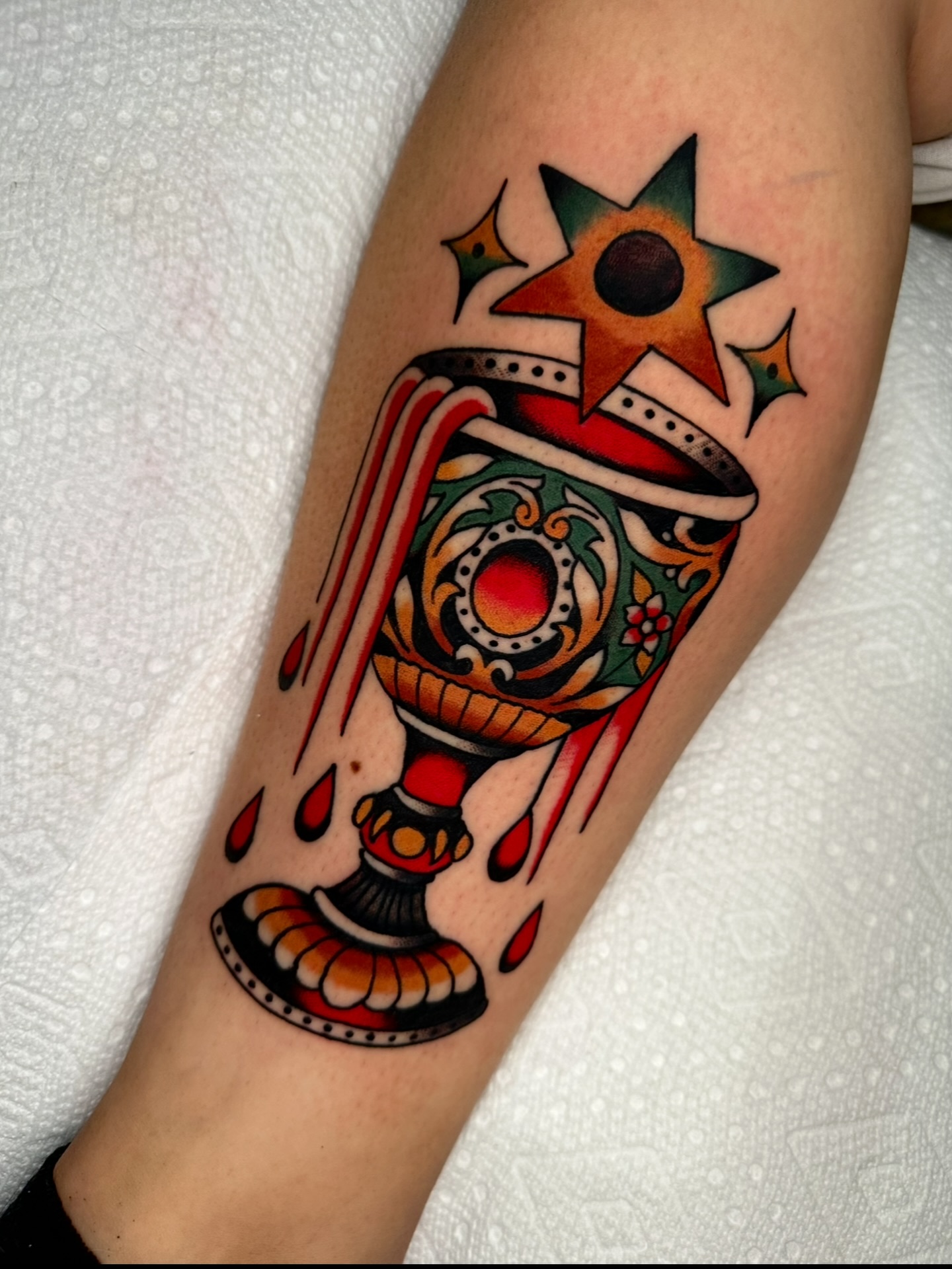 Take a drink from the chalice. Thanks Sarah! Done @topmarktattoo #tattoo #tradtattoo #traditionaltattoo @travelertattoo_asheville #ashevilletattoo