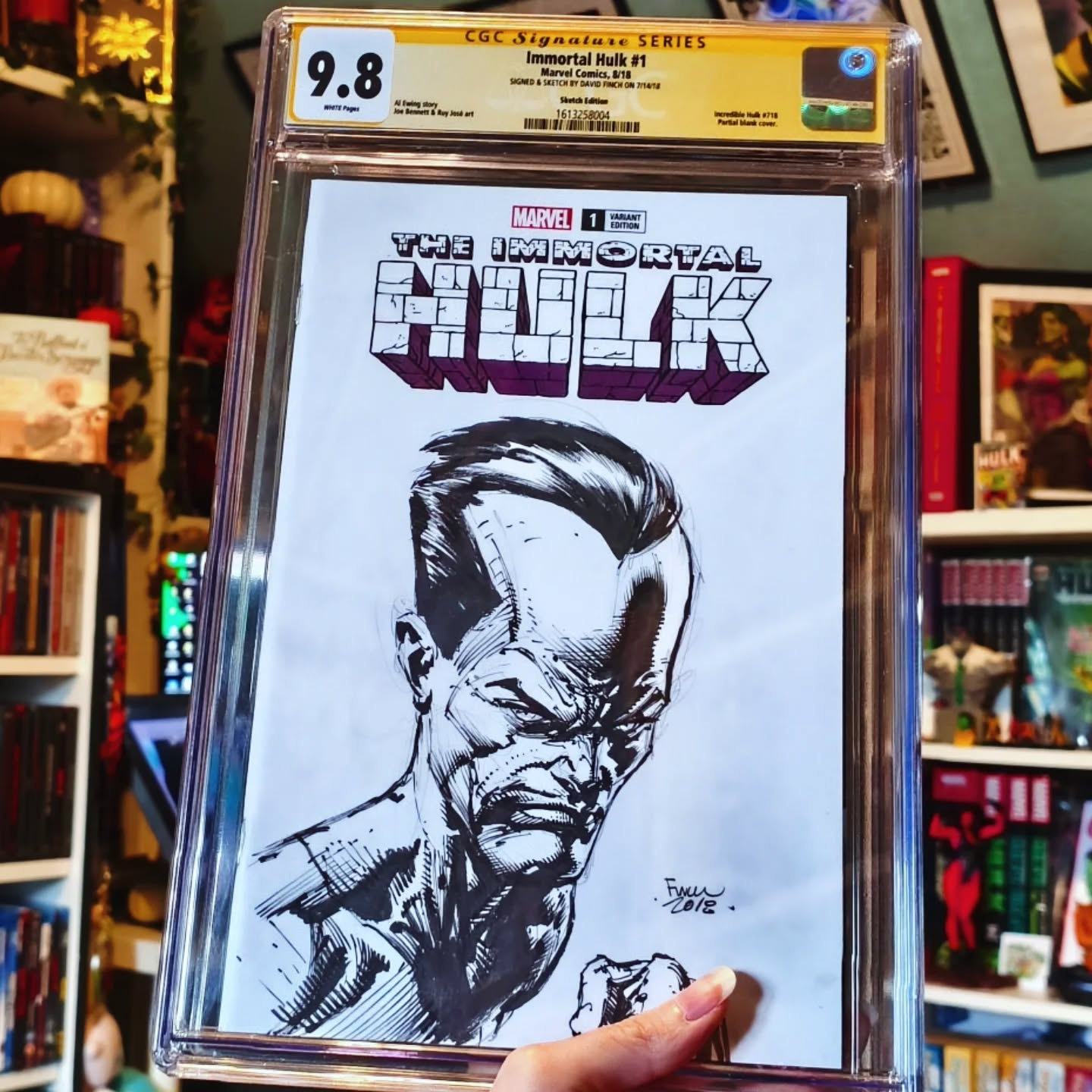 A Sam remark by David Finch.
He isn't part of Sam's history but fuck, the second I saw this sketch I felt in love with it and I battled hard to get it.
I don't have that many Sam original arts and remarks (I have a lot of digital arts I commissionned tho), mostly because it's too expensive but also because people tend to be somewhat boring. This one is absolutly beautiful, it's full of dynamism and life and the shadow work gives him a very cool threatening aura with his visibly glowing eyes and all that on Immortal Hulk, of all comics. I love remarks, it's genuinely impressive how in so little time artists can make insane artworks.
I'm so so in love with this piece you have no idea, it brings me a lot of happiness (and I assume my fiance understood and respected that 'cause he didn't even bother asking me the price that I won't give lol)