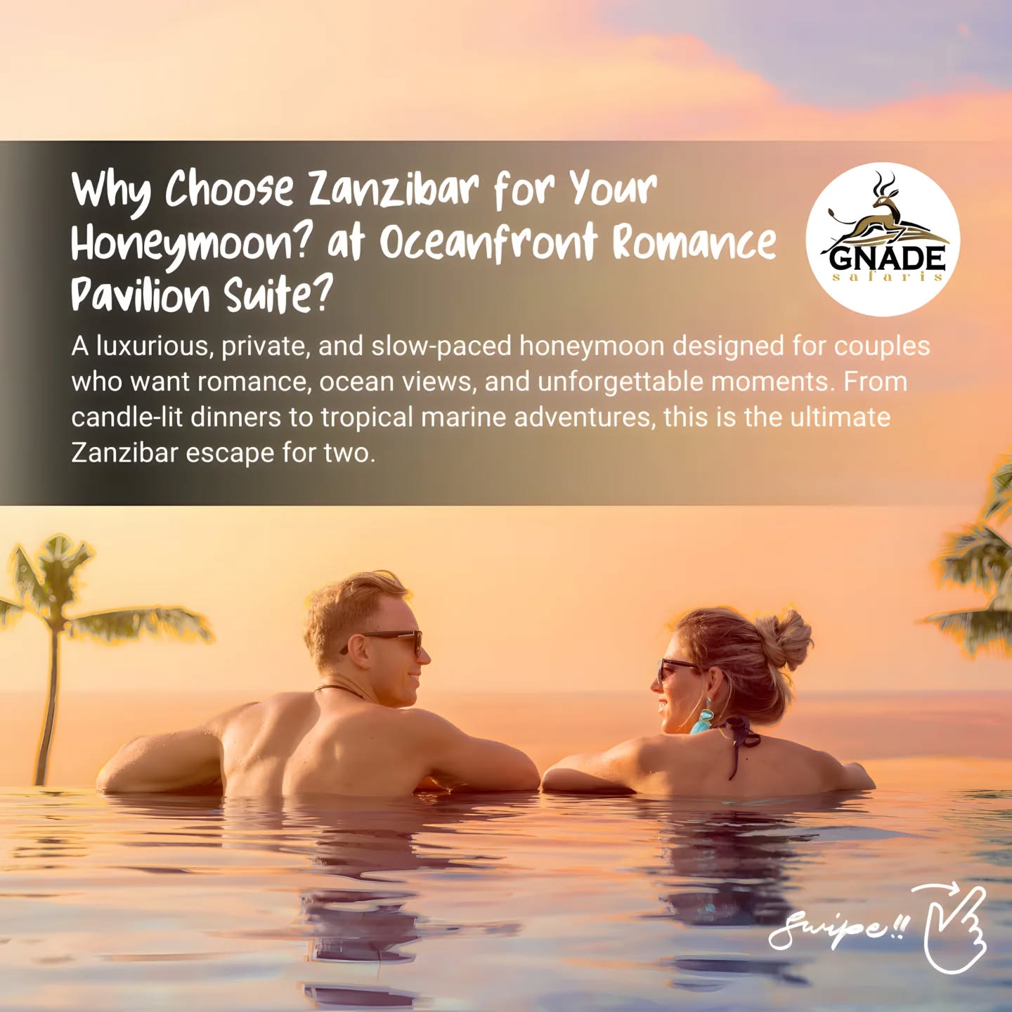 BEGIN YOUR ZANZIBAR HONEYMOON IN PURE PARADISE
Dreaming of a honeymoon filled with luxury, romance, and oceanfront bliss? Gnade Safaris designs unforgettable Zanzibar escapes crafted just for two.
Enjoy:
• Oceanfront Romance Pavilion Suite
• Exclusive couples activities
• Seamless, stress-free planning
• Trusted local expertise every step of the way
Your love story deserves the perfect beginning — let us make it effortless and unforgettable.
📩 Email: gnadesafaris@gmail.com
📲 WhatsApp: +255 793 832 959
Limited availability. Secure your romantic suite today.
#ZanzibarHoneymoon #RomanticGetaway #ZanzibarIslands #CouplesTravel #LuxuryHoneymoon #GnadeSafaris #TravelTanzania #BeachHoneymoon #ParadiseFound