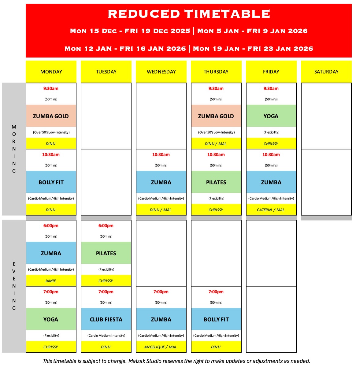Thank you to everyone who completed the survey and helped us create a Reduced Timetable that truly reflects your needs during the holiday period. Your input allows us to plan accurately and avoid unnecessary cancellations.
Please find:
1. REDUCED TIMETABLE (Please check the class durations carefully)
2. NORMAL TIMETABLE resuming from 27 January 2026
3. Please note that the studio will be closed from 20 December – 4 January
🙏🏽 BOOKING IS A MUST!
🔗 malzak.com.au/timetable
#classtimetable #fitnessstudio #dancestudio #malzakstudio #zumba #yoga #brisbane #dancefitness #clubfiesta #urbanfit #matpilates #2026goals #healthgoals