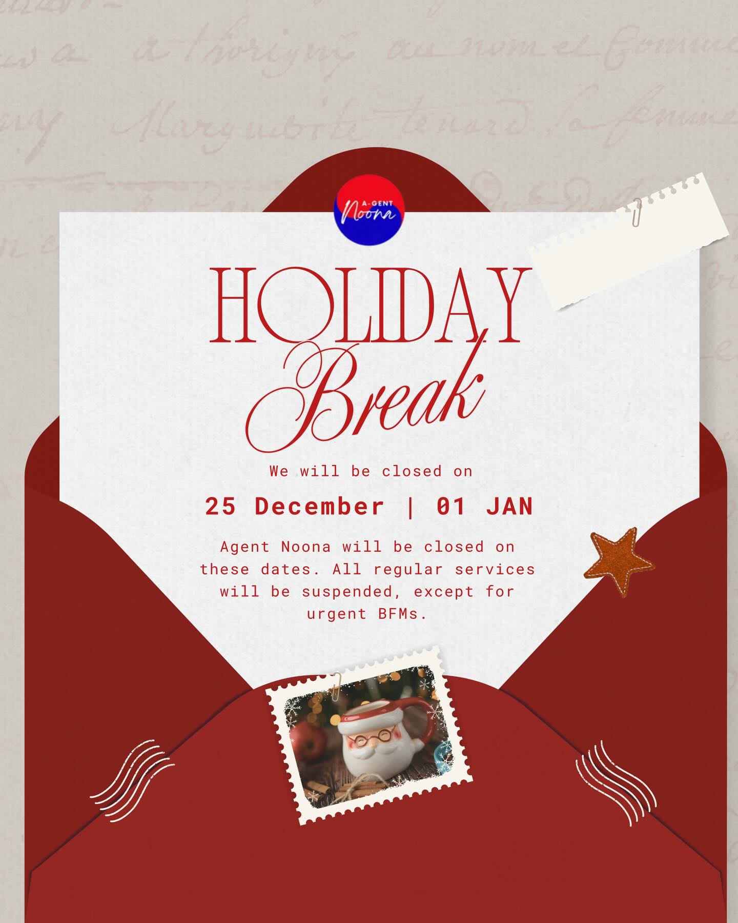 🎄Holiday Break Notice🎄
Please be informed that Agent Noona will be closed on 25 December and 01 January in observance of the holidays. During these dates, all regular services will be temporarily suspended.
However, urgent BFM (Buy For Me) requests will still be accommodated, subject to availability. Kindly note that response times may be slower than usual during this period.
Normal operations will resume immediately after the holidays. Thank you for your continued trust and understanding, and we wish everyone a joyful and safe holiday season 🤍✨