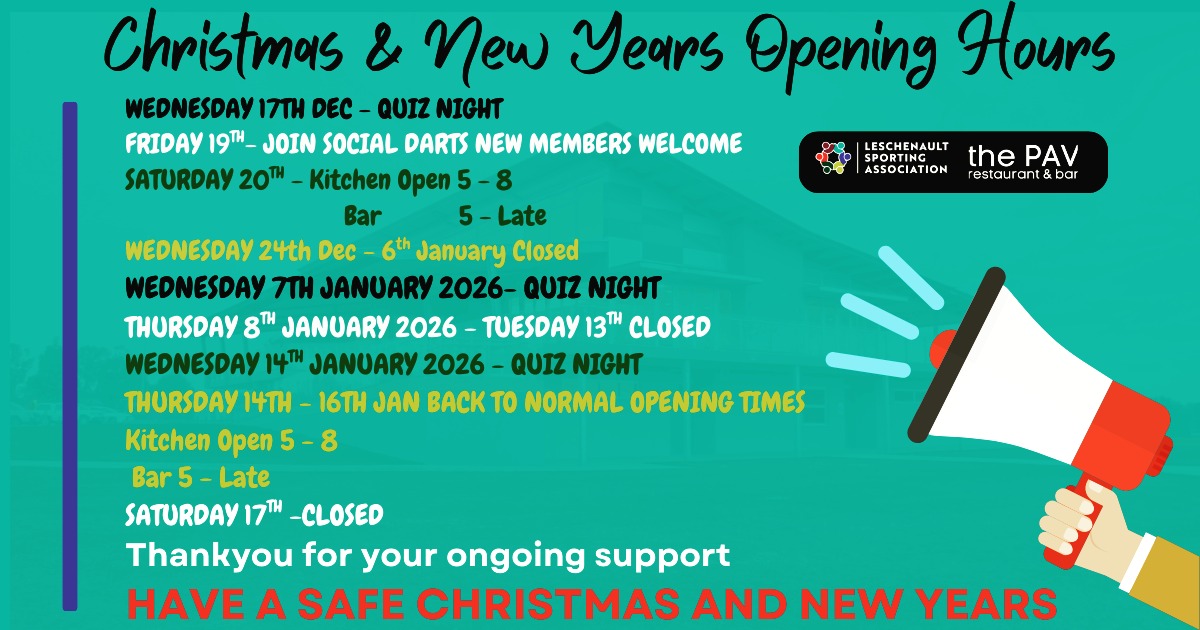 ๐ Christmas & New Year Trading Hours ๐
As we head into the festive season, please note our opening and closing times over Christmas and New Year.
Thank you for your continued support โ have a safe and happy Christmas and New Year from all of us at The Pav.
