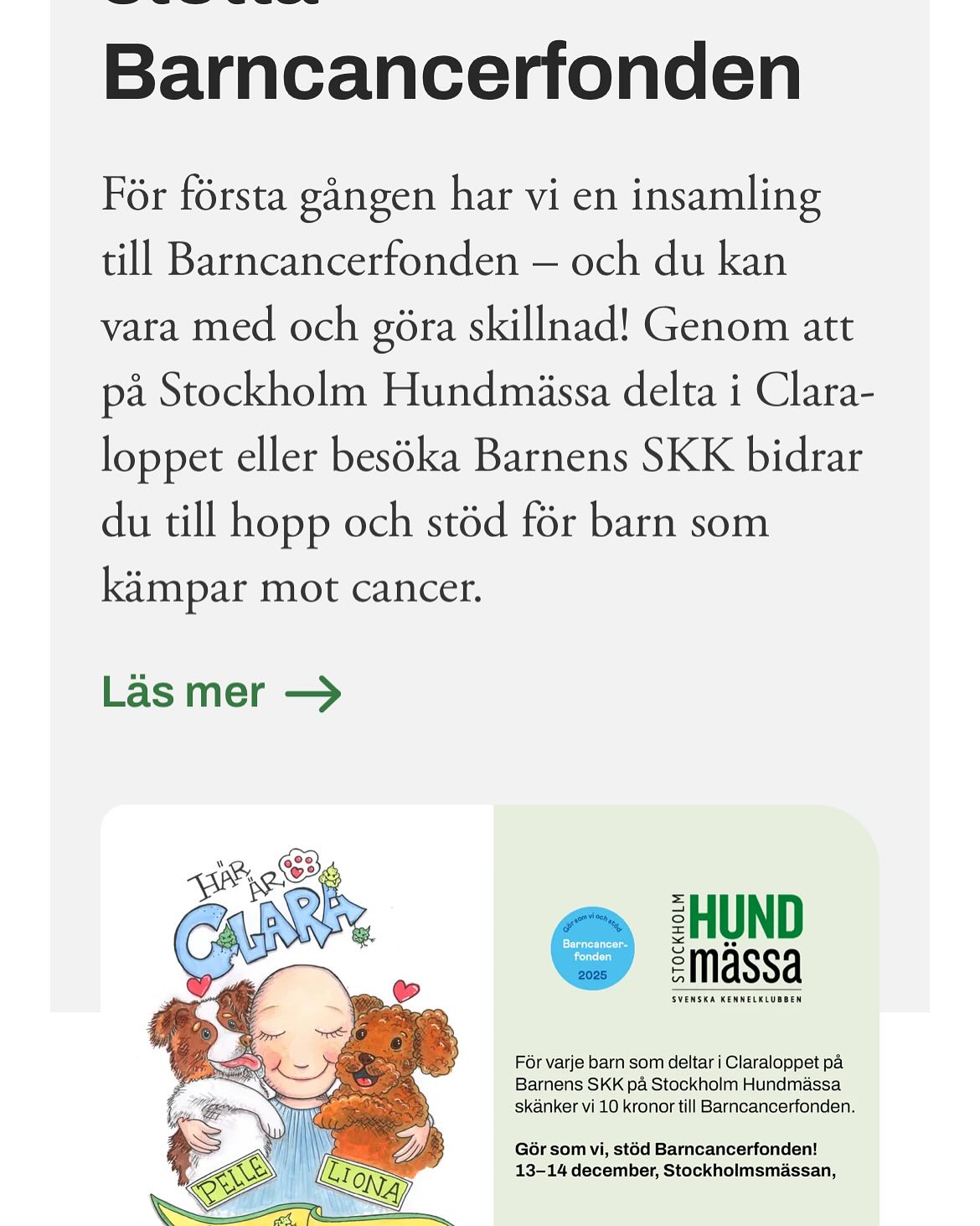 Alla vänner! Visst kommer ni imorgon 13/12 till Clara-loppet på Hundmässan! Vi ses! 💕🐕#hundmässan #2025 #barncancerfonden #clara #sjukhushund @annaportnerstenbeck