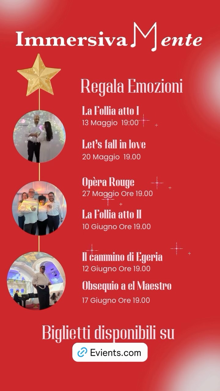 A Natale regala Emozioni !!
Regala ImmersivaMente la Nuova Emozione Musicale
Arte, Cultura e Innovazione!
18 Concerti
Con grandi Artisti
Jazz, Lirica, Pop, Musica Antica e… Follia !!
Biglietti e programma
su Evients
Sito in Bio
#palazzodellestelline #immersivamente #milano #eventimilano #concertimilano #immersiveexperience