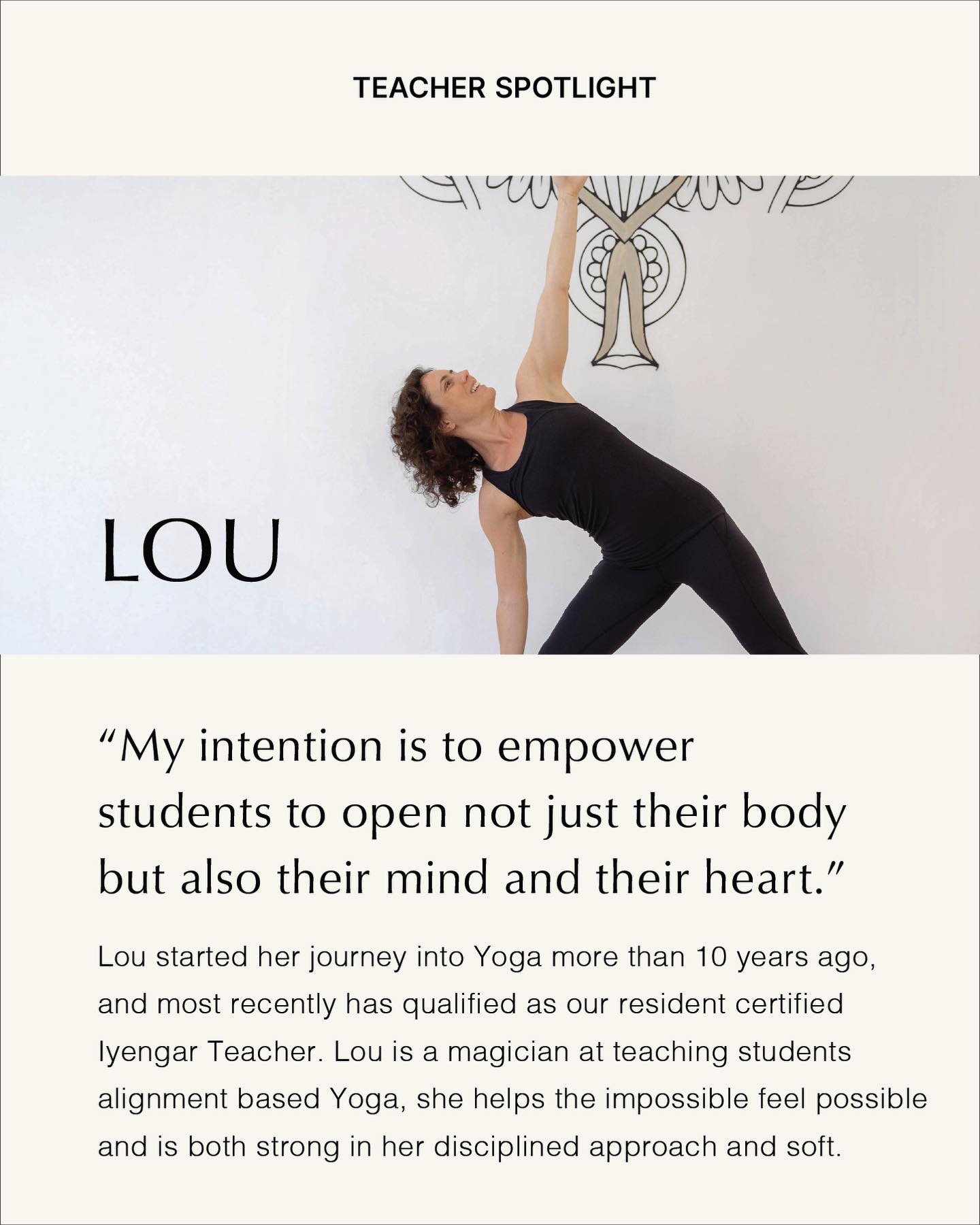 Meet Lou ✨ Lou is an exceptional Iyengar teacher. She knows the body so well, and is meticulous with alignment cues.
With Lou you will unlock in your body what you never felt was possible. She will guide you beautifully into present awareness forgetting all your problems for the hour you are with her.
You will also walk out 2cm taller😊
You’ll love Lou’s classes, which are guided with strength and softness✨
🍃Book into a class when you are ready via the link in our profile. X
#vaucluse #sydneyeasternsuburbs #sydneyeasternsuburbsmums #sydneyyoga