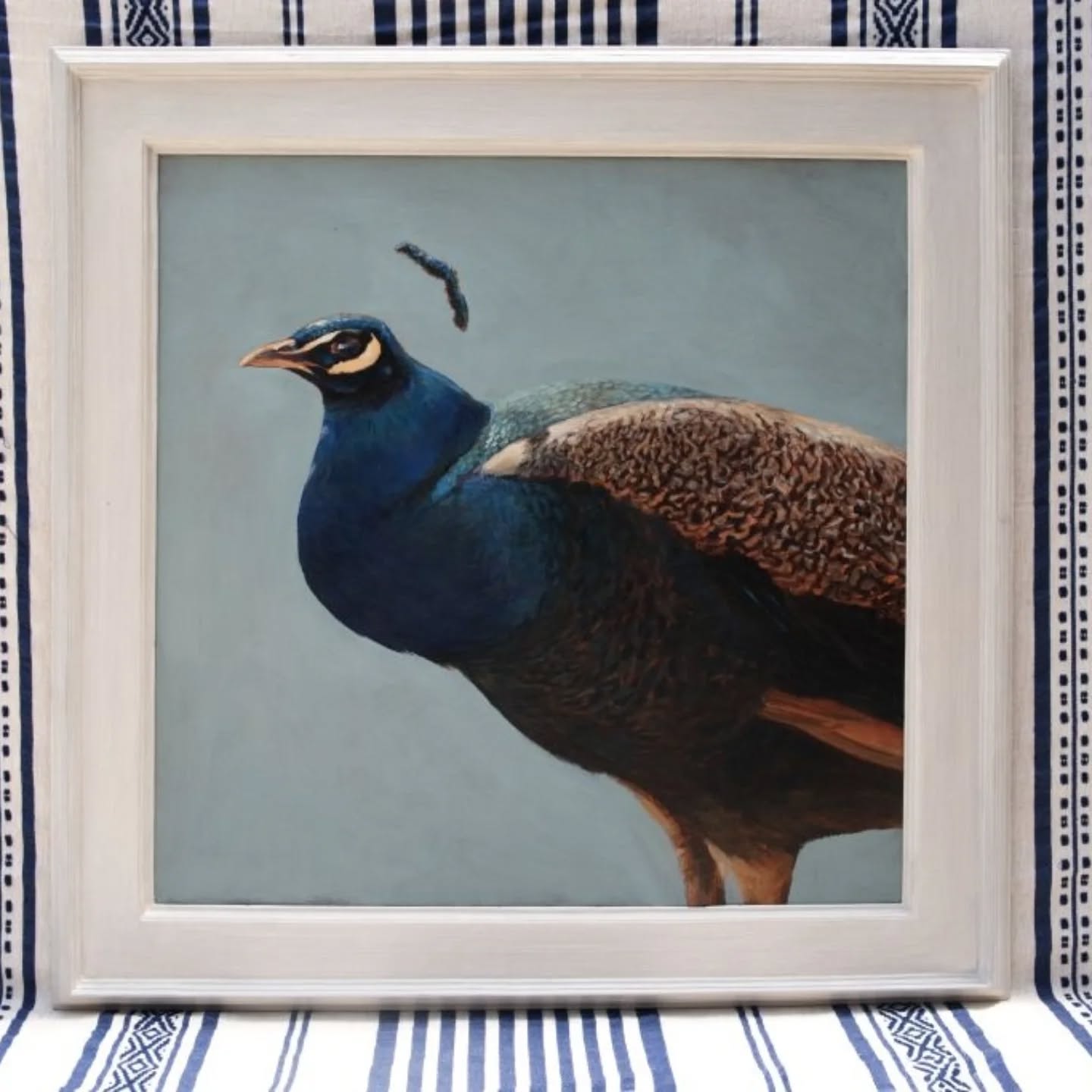 Peacock on Blue, Oil on Canvas, Framed, one of a collection of works available to buy in the studio gallery. Contact me and come visit. Ill be around till the 24th. #amysandyslumsdaine #artgallery #oilpaintingsoncanvas #artkenya