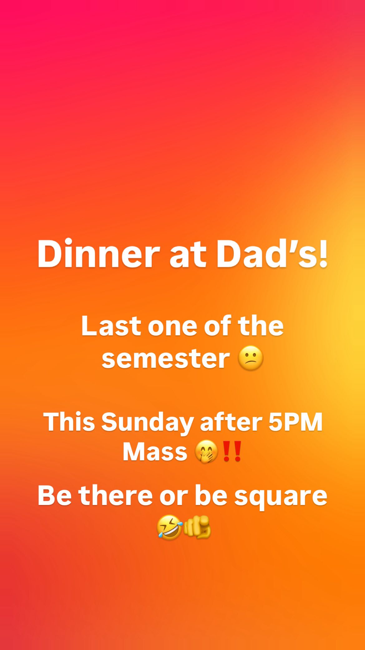 Dinner at Dad’s this Sunday after 5PM Mass!!
Last one of the semester, so come hungry for some Panda Express🫡
#catholic #colorado #fortcollins #ramcatholic #csu #focus #focus #coloradostateuniversity #stjohns #campusministry