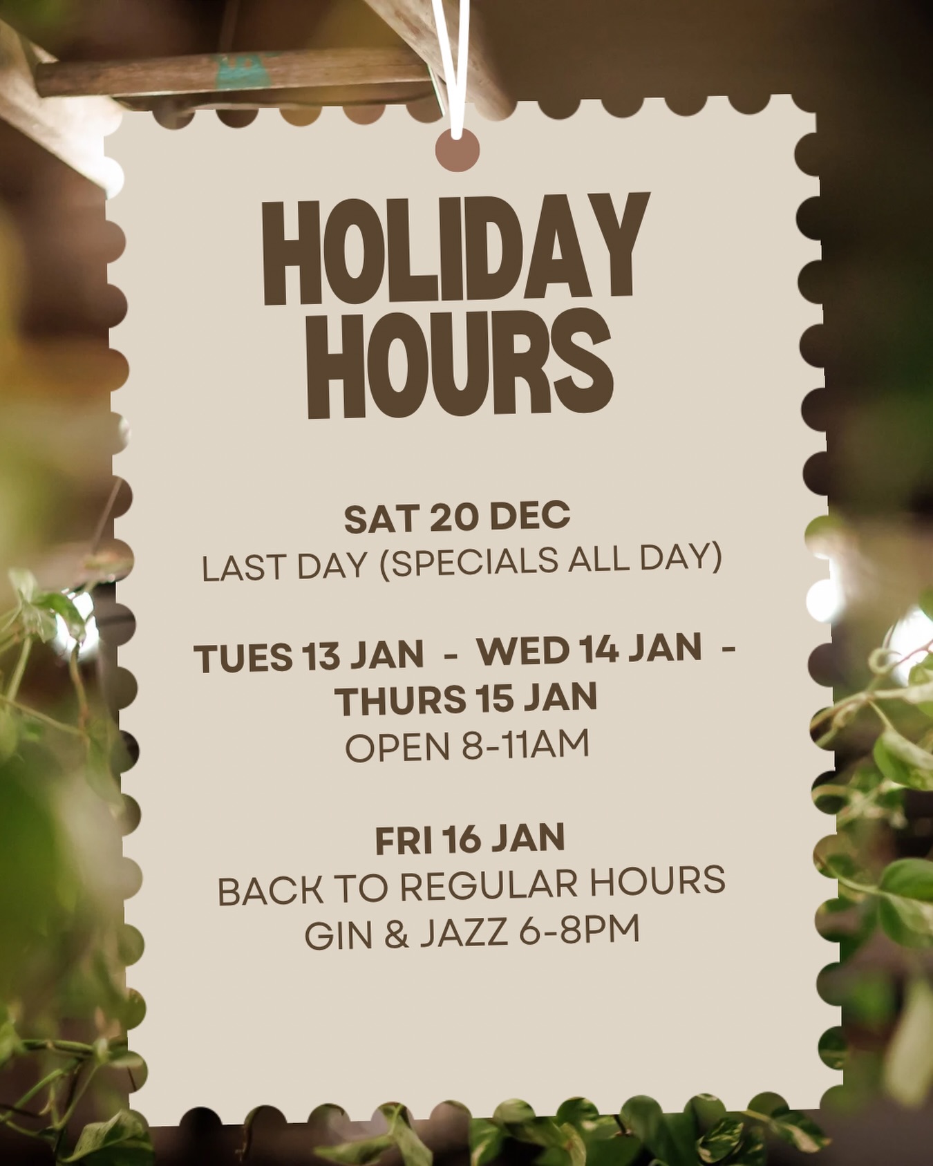 Thank you for an incredible year! With a new bar, four incredible bottled cocktails, and hundreds of gin tastings, words can’t describe what your support has meant this year ❤️
We’ll be celebrating our final day — Sat 20 Dec — with a relaxed all-day party and some treats for you 🎉
After a short break, we reopen Tues 13 Jan for coffee, easing back in before returning to full hours Fri 16 Jan (lunch + gin + jazz! 🍸🎷)
Wishing you all a wonderful holiday season ✨