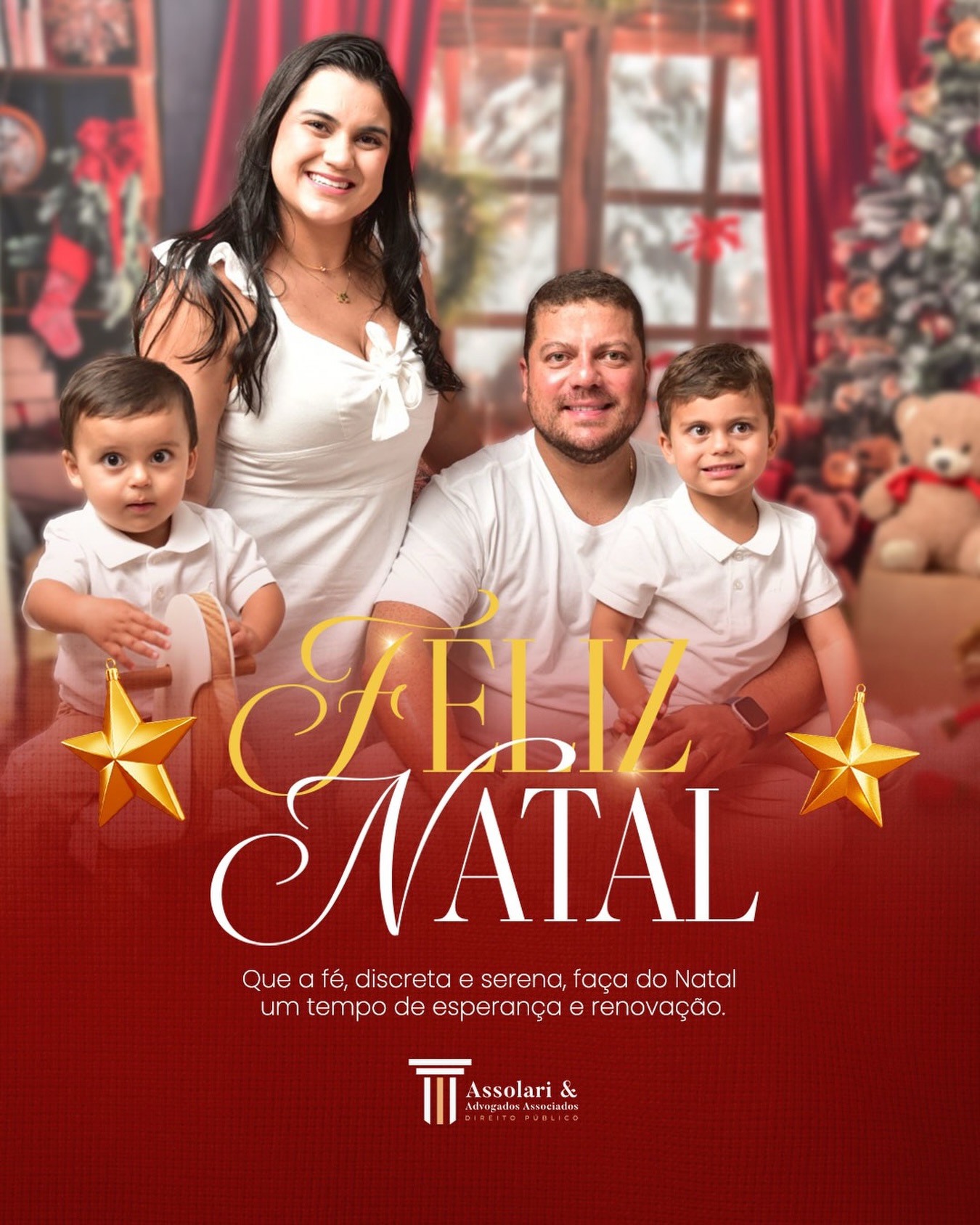 Que a fé, discreta e serena, faça deste Natal um tempo de verdadeira renovação. É o momento de celebrar o que realmente importa: o amor, a família e a esperança de dias ainda melhores. 🎄✨
O escritório Assolari & Advogados Associados deseja a todos um Feliz Natal, repleto de paz e união!
