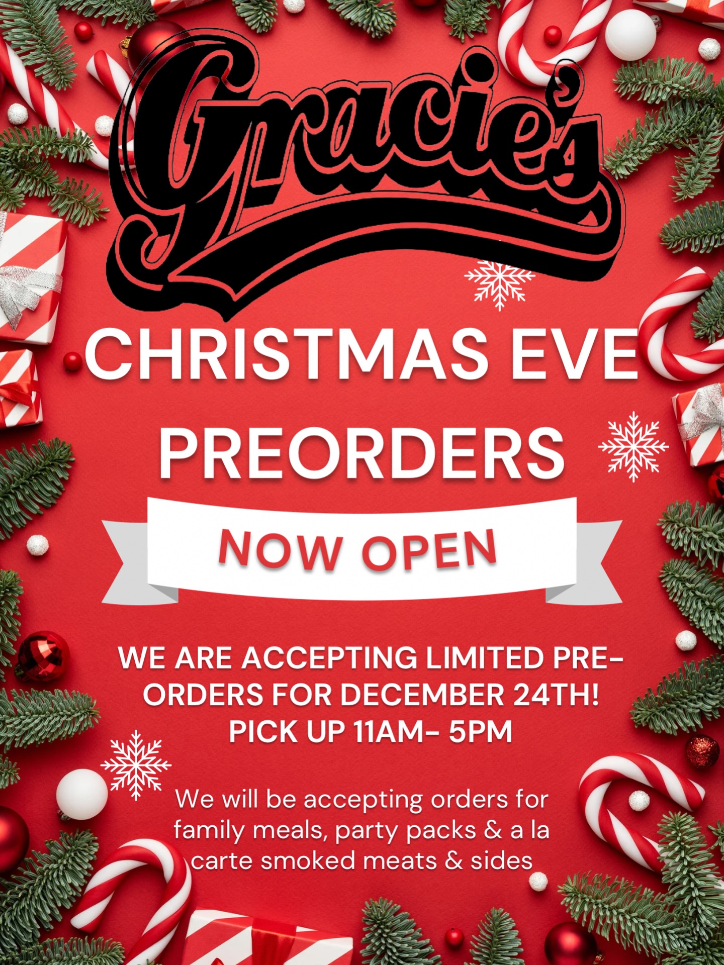 Weâll be open 11â5 on Christmas Eve for pre-order pickup only.
Grab your family meals, party packs, and Ă la carte smoked meats & sides to make the holiday easy.
Dining room will be closed (no dine-in).