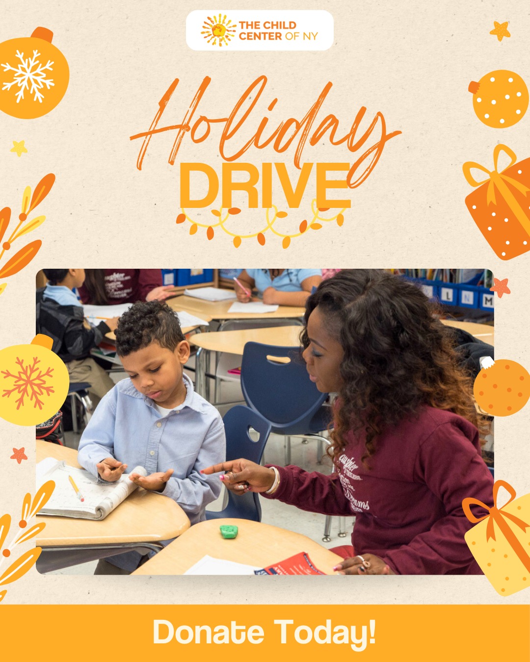 At The Child Center, the holidays are about more than gifts — they’re about reminding children that they are cared for and supported.
Throughout the year, our school-based mental health and after-school programs provide children with trusted adults, safe spaces, and the emotional support they need to learn, grow, and feel secure. During the holiday season, we build on that year-round care through our Holiday Toy Drive, helping ensure the children we serve feel celebrated during a season that can be especially challenging for families.
This year, the Holiday Toy Drive is supporting 14,000 children, including students in school-based mental health and after-school programs who rely on The Child Center for consistent support beyond the classroom.
Your gift today directly supports the Holiday Toy Drive, helping us deliver moments of joy to children who already know TCCNY as a safe and supportive presence in their lives.
Donate now: https://give.childcenterny.org/holidaydrive25