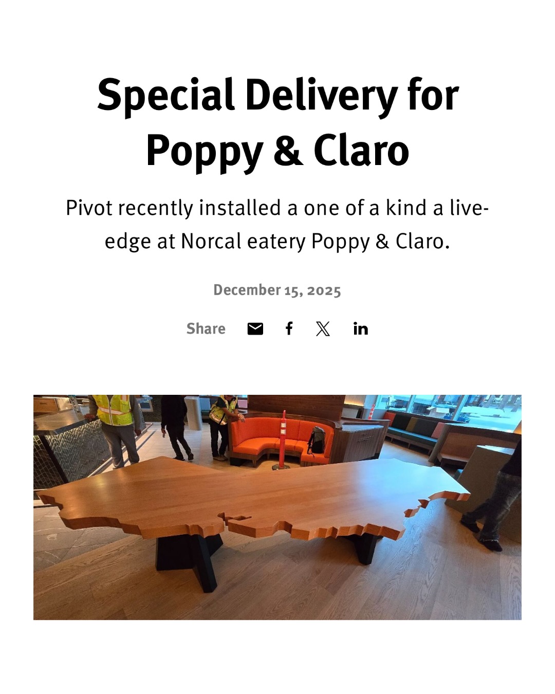 We recently had the honor of crafting and installing a one-of-a-kind live-edge Douglas fir table for Poppy & Claro in downtown San Jose — a stunning centerpiece that blends history, local craftsmanship, and thoughtful design.
Reclaimed from a 1950s structure and milled with care, this piece not only anchors the restaurant’s communal space but also reflects our commitment to sustainable design and uniquely sourced pieces for our clients, as well as the incredible teamwork required for installation.
Read more about this testament to California heritage our team was able to bring to life, on our blog: https://www.pivotinteriors.com/news