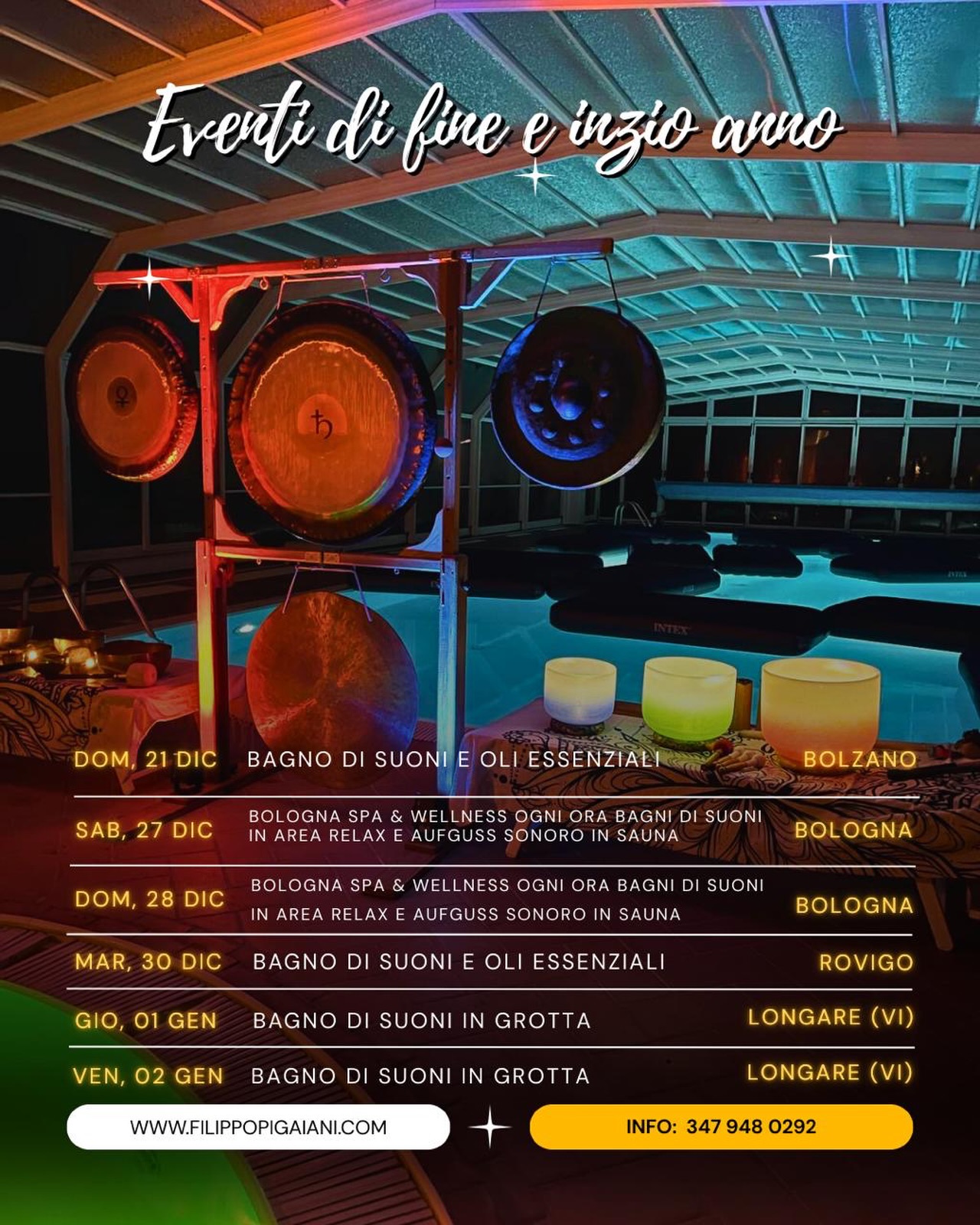 🗓️Eventi di fine e inizio anno:
🟢 DOM, 21 dic alle 18:00
Bolzano | Bagno di Suoni e Oli Essenziali - “assieme ad Alessia”
🟢 SAB, 27 dic dalle 18:00 alle 23:00
Bologna Spa & Wellness - ogni ora Bagni di Suoni in area relax e Aufguss Sonoro in sauna
(Prenotate l’ingresso dal sito della Spa. Gli incontri sonori sono inclusi nel biglietto: una volta entrati richiedete il token per riservarvi il posto)
🟢 DOM, 28 dic dalle 13:00 alle 18:00
Bologna Spa & Wellness - ogni ora Bagni di Suoni in area relax e Aufguss Sonoro in sauna
(Prenotate l’ingresso dal sito della Spa. Gli incontri sonori sono inclusi nel biglietto: una volta entrati richiedete il token per riservarvi il posto)
🟢MART, 30 dic alle 21:00
Rovigo | Bagno di Suoni e Oli Essenziali - “assieme ad Alessia”
🟢 GIOV, 1 gen alle 20:30 🎊 EVENTO SPECIALE DI INIZIO ANNO
Longare (VI) - Bagno di Suoni nella GROTTA di “Chez Les Grottes”
🟢 VEN, 2 gen alle 20:30 🎊 EVENTO SPECIALE DI INIZIO ANNO
Longare (VI) - Bagno di Suoni nella GROTTA di “Chez Les Grottes”
Per ulteriori info link in Bio:
📱whatsapp: 347 948 0292
#filippopigaiani #bagnodisuoni #campanetibetane #suonoterapia #handpanmusic #massaggiosonoro #rigenerarsi #meditazione #starebenecosestessi #soundhealing #soundbath