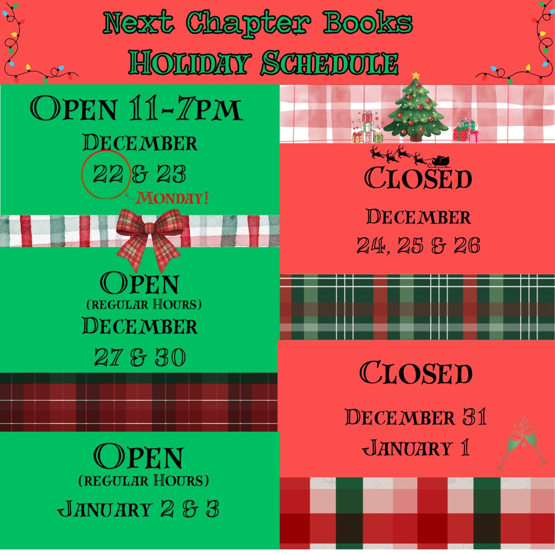8 more sleeps until Christmas!
Regular hours this week.
We're open an extra day and on special hours this coming Monday (12/22), 11 am - 7 pm, and again Tuesday (12/23), 11 am - 7 pm.
We'll be closed the 24th, 25th, and 26th, but back Saturday, 12/27, so come with those gift cards and find your Christmas break read!
#detroitisforreaders #nextchapterbooksdetroit
#cʜʀɪsᴛᴍᴀs2025