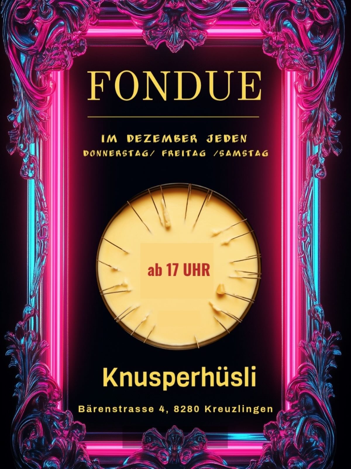 🫕✨ Fondue-Zeit im Knusperhüsli! ✨🫕
Ab sofort könnt ihr Termine für unser gemütliches „Fondue-Stübli“ buchen 🕯️
Klein, fein & richtig heimelig – genau so, wie man sich einen Winterabend wünscht ❄️
📅 Termine:
🗓️ 18.–20. Dezember
🕔 Donnerstag bis Samstag – jeweils ab 17 Uhr
Ob mit Freunden, Familie oder als kleine Weihnachtsrunde –
lasst euch Käse, Wärme & Gemütlichkeit schmecken 🧀❤️
📩 Reservation empfohlen – die Plätze sind begrenzt!
.
.
#Knusperhüsli #FondueStübli #FondueZeit #WinterGenuss
#Gemütlich #Adventszeit #Käseliebe #FondueAbend
#Kreuzlingen #SchweizerGenuss #ChäsFondue #HyggeFeeling