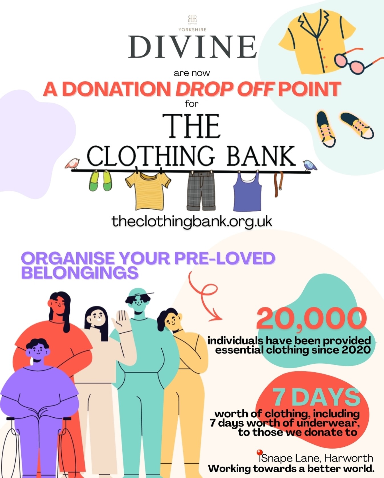 ๐ Weโre proud to share that Divine is now an official ๐๐๐๐๐๐๐๐ ๐๐๐๐-๐๐
๐
๐๐๐๐๐ for ๐๐ก๐ ๐๐ฅ๐จ๐ญ๐ก๐ข๐ง๐ ๐๐๐ง๐ค๐
๐๐ก๐ ๐๐ฅ๐จ๐ญ๐ก๐ข๐ง๐ ๐๐๐ง๐ค provides everyday essential clothing, school uniform, work attire, shoes and bags to people across the UK. With your kindness and generosity, we can help ensure that everyone has access to the basics they need โ because dignity, warmth and opportunity should never be out of reach.
๐๐จ๐ฎ ๐๐๐ง ๐๐จ๐ง๐๐ญ๐:
ย ย ย ย โขย ย ย ย Childrenโs clothing (from newborn upwards)
ย ย ย ย โขย ย ย ย Adult clothing & bras
ย ย ย ย โขย ย ย ย Shoes and bags for all seasons
ย ย ย ย โขย ย ย ย School clothing
ย ย ย ย โขย ย ย ย Smart work attire
ย ย ย ย โขย ย ย ย Outdoor clothing
๐๐ ๐ค๐ข๐ง๐๐ฅ๐ฒ ๐๐ฌ๐ค ๐ญ๐ก๐๐ญ ๐ฒ๐จ๐ฎ ๐๐จ ๐ง๐จ๐ญ ๐๐จ๐ง๐๐ญ๐:
ย ย ย ย โขย ย ย ย Stained clothing
ย ย ย ย โขย ย ย ย Used underwear
ย ย ย ย โขย ย ย ย Used bedding
This is a charity connected by its community โ ๐๐ง๐ ๐ฐ๐ ๐๐ซ๐ ๐ญ๐ก๐ ๐๐จ๐ฆ๐ฆ๐ฎ๐ง๐ข๐ญ๐ฒ. Every item donated is a small act of care that makes a very real difference in someoneโs life.
If you think you can help, please drop off your items at ๐๐ก๐ ๐๐ฅ๐ ๐๐ฎ๐ฅ๐ ๐
๐๐๐ญ๐จ๐ซ๐ฒ, ๐๐ง๐๐ฉ๐ ๐๐๐ง๐, ๐๐๐ซ๐ฐ๐จ๐ซ๐ญ๐ก.
For more information about the incredible work they do, please visit www.theclothingbank.org.uk and for more information regarding drop off at our location, call Kerry on 07515350650
Thank you for helping us on ๐ฐ๐จ๐ซ๐ค๐ข๐ง๐ ๐ญ๐จ๐ฐ๐๐ซ๐๐ฌ ๐ ๐๐๐ญ๐ญ๐๐ซ ๐ฐ๐จ๐ซ๐ฅ๐ ๐ค
#divine #dropoff #community