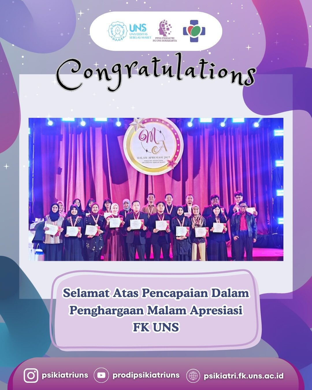 ✨ Congratulations! ✨
Selamat kepada Residen Program Studi Psikiatri FK UNS atas pencapaian luar biasa dalam Malam Apresiasi Fakultas Kedokteran UNS 2025 🏆
Semoga capaian ini menjadi motivasi untuk terus berkarya, berprestasi, dan mengharumkan nama institusi dalam dunia akademik dan profesional 🌱
👏 Bangga menjadi bagian dari Psikiatri FK UNS!