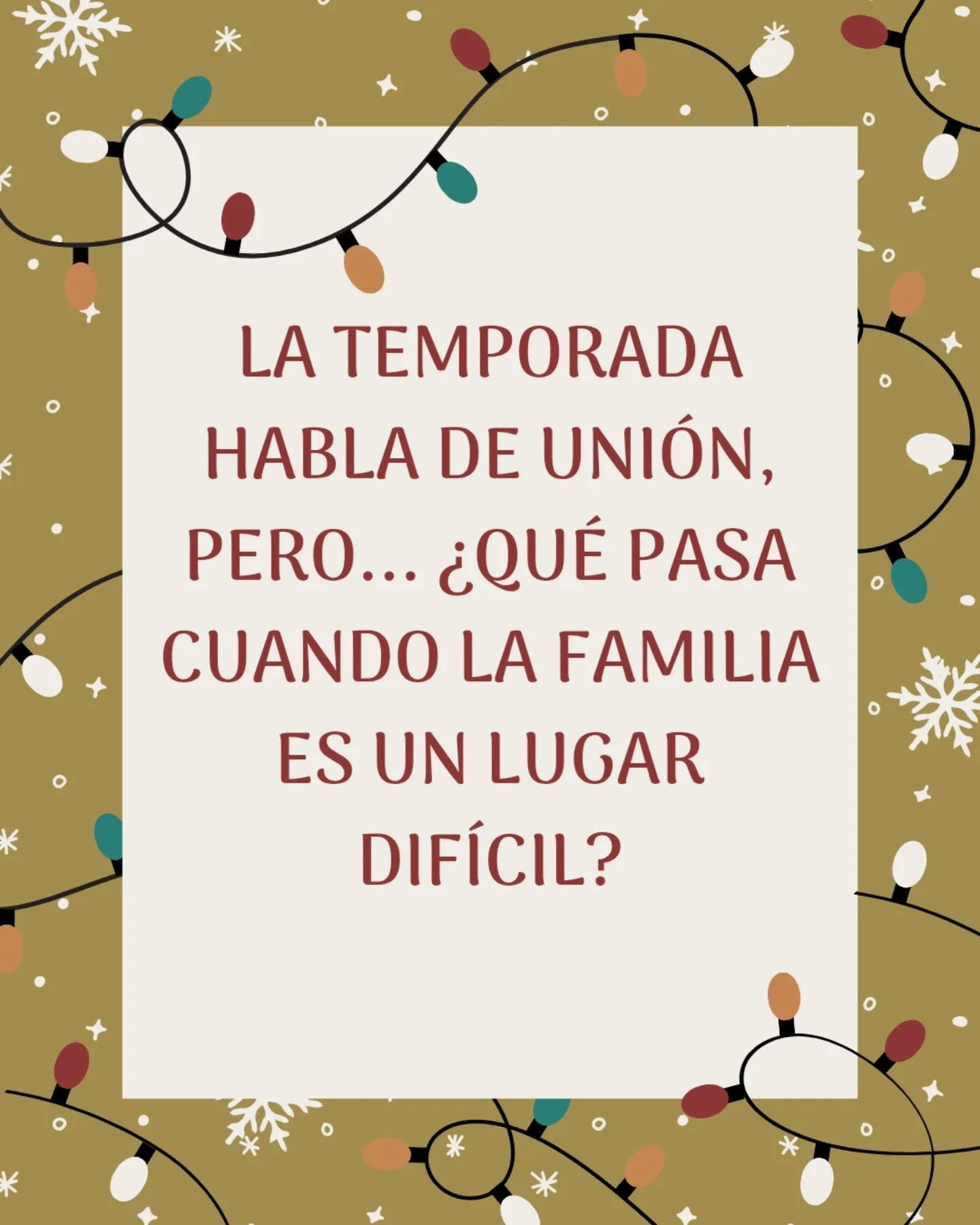 ✨ A veces se nos vende que esta temporada es “la mejor del año”:
familia reunida, amistades cercanas, momentos mágicos y llenos de amor.
💭 Pero… ¿qué pasa cuando la familia es ese lugar difícil?
Ese espacio que no siempre nutre, que activa heridas, genera tensión o nos pone en riesgo emocional.
💛 Si este año compartir con ciertos vínculos se siente pesado, incómodo o doloroso, no hay nada malo contigo.
🌿 Cuidarte también puede verse así:
• Poner límites claros (aunque incomoden)
• Decidir no asistir a un encuentro que te hace daño
• Ir por menos tiempo y tener una hora de salida definida
• Llegar con alguien que te haga sentir seguro/a
• Tomarte pausas para respirar o salir a tomar aire
• Elegir no participar en conversaciones que te activan
• Cambiar el tema sin justificarte
• Recordarte que no tienes que explicarte de más
• Darte permiso de irte cuando el cuerpo lo pide
🕊️ Después del encuentro, también hay cuidado:
• Descansar
• Escribir lo que sentiste
• Hablar con alguien de confianza
• Hacer algo que te devuelva calma
• Reconectar con tu cuerpo (caminar, estirarte, ducharte con agua tibia)
🎄✨ Esta temporada no tiene que vivirse desde la exigencia, sino desde la autocompasión y la elección consciente.
🤍 No todas las familias son refugio,
pero tú mereces sentirte a salvo.