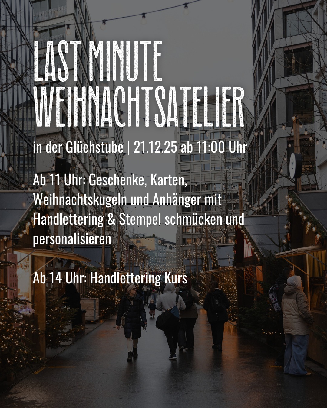 Für alle, die ihre Weihnachtsgeschenke noch so richtig schön aufpimpen möchten, halten wir am 21.12. ein offenes Weihnachtsatelier.✨
Komm vorbei und schmücke deine Geschenke, Karten, Weihnachtskugeln und Anhänger mit Handlettering & Stempel 😍🎁
Ab 14 Uhr findet ein Handlettering Workshop statt, bei dem ihr lernt, wie ihr eure Geschenke beschriftet wie ein Profi!
Wir freuen uns auf euch!
#Weihnachtsmarkt #ZürichWeihnachten #SchweizWeihnachten #ZürichErleben
#SchweizEntdecken #ChristmasInSwitzerland #FondueZürich #Samichlaus #ZürcherWeihnachtsallee