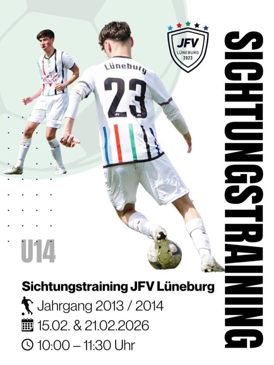 📣 Sichtungstraining Jahrgang 2013/2014
JFV Lüneburg ⚽💚⚽️
Du willst Leistungsfußball spielen und suchst die nächste Herausforderung? 🔥 Dann bist du beim Sichtungstraining des JFV Lüneburg genau richtig!
📅 Termine:
🗓 Sonntag, 15.02.2026
🗓 Samstag, 21.02.2026
⏰ jeweils 10:00–11:30 Uhr
❗️Bitte bis 09:45 Uhr da sein
📍 Ort:
Kunstrasenplatz Sülzwiesen Sparkassenplatz, Sültenweg 20, 21339 Lüneburg
👉 Für Jahrgang 2013 – besonders talentierte Spieler aus 2014 sind ebenfalls willkommen!
Auch wenn du derzeit nicht in einem Stammverein des JFV bist, kannst du teilnehmen. 🎯
💡 Mitbringen: Sportkleidung, Fußballschuhe, Schienbeinschützer & Getränke 🚰
📩 Bei Fragen: leitung_sport@jfvlueneburg.de oder
💬 Dennis Korn 📞 01522 4325678 ❗️
➡️ Jetzt anmelden:
Link in Bio
⚽ Sei dabei – zeig, was du drauf hast! 💪