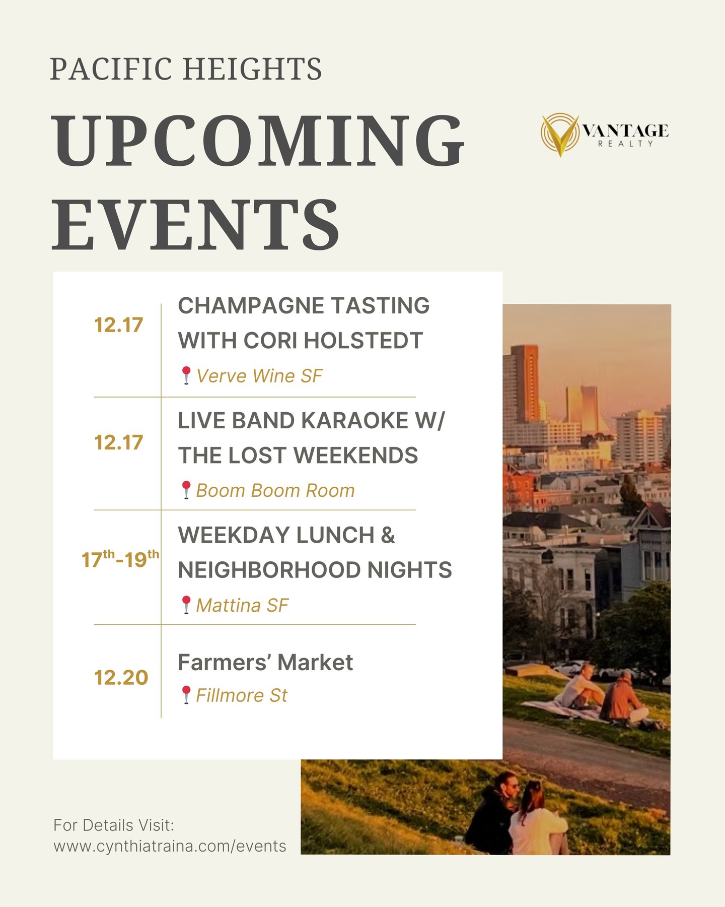 Got plans? Now you do. Here’s what’s happening nearby this week—check the link in bio for more info and neighborhood events! 🔗
📲 (415) 418-0541
📩 CT@cynthiatraina.com
#️⃣ DRE 02162958
#PacificHeightsRealtor #Vantage #PacificHeightsSF #FillmoreDistrict #SFNeighborhoods #LocalEventsSF #ThisWeekInSF #CommunityVibes #ExploreSF
