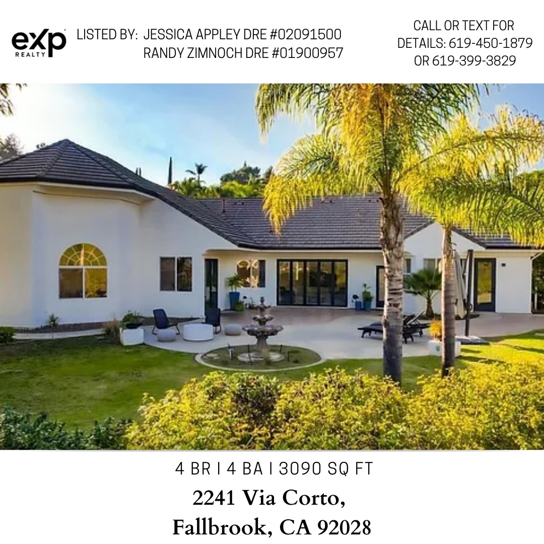 Tucked at the end of a private, tree-lined road and surrounded by rolling hills, this 2.35-acre estate offers a rare sense of peace. Panoramic views, elevated finishes, and a small private vineyard set the stage for everyday living. Recently refreshed, the home features new interior/exterior paint, upgraded flooring, modern fixtures, premium bathroom finishes, a gas fireplace, and a striking La Cantina door framing eastern mountain views. The spacious layout includes 4 bedrooms (one optional office) and a generous primary suite with an ensuite bath and walk-in closets. Outdoors, enjoy a gazebo, fountain, pergola-covered patio, fruit trees, and multiple seating areas across two usable adjacent lots. A 3-car garage with epoxy flooring and a gated RV pad provide ample storage. All this with quick access to Hwys 76 and 15, the Golf Club of California, local wineries, and beaches less than 30 minutes away.
Contact Jessica Appley at 619-450-1879 or Randy Zimnoch at 619-399-3829 with any questions.
Reach out to us if you need a great team to guide you with buying or selling your home.
#exprealty #exprealtyproud #ONEexp #eXpsuccess