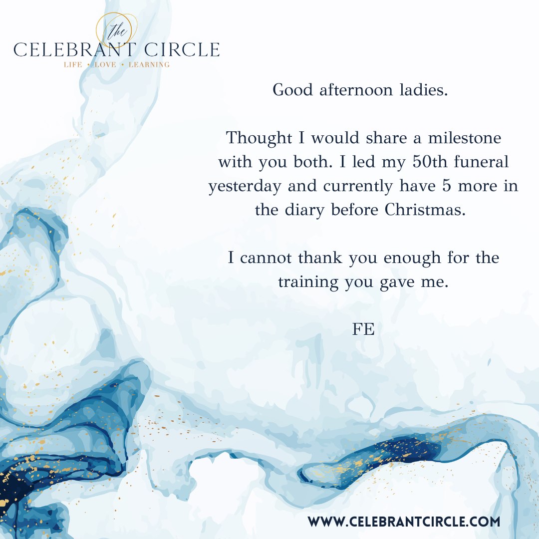 What a lovely email to receive from one of this years celebrant trainees.
'Good afternoon ladies. Thought I would share a milestone with you both. I led my 50th funeral yesterday and currently have 5 more in the diary before Christmas. I cannot thank you enough for the training you gave me.'
If you're looking to move into heart-led, rewarding career in 2026, then celebrancy may be for you.
Book a discovery call, or find our more via our website.
#celebranttraininguk
#celebranteducation
#celebrantsupport
#celebrantcircleuk