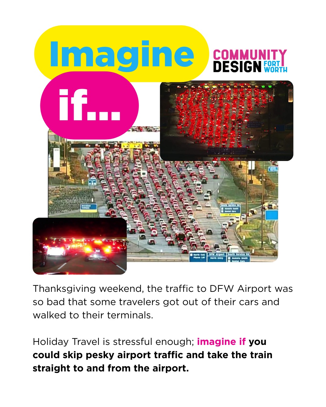 Holiday Travels are approaching, with them a slew of traffic. Reduce your stress and traffic congestion by taking the Trinity Metro TEXrail to the DFW Airport this season.
#TEXRail #TrinityMetro #DFWAirport #SkipTheTraffic #TransitToTheAirport #LeaveTheCarBehind #NorthTexasTransit #communitydesign