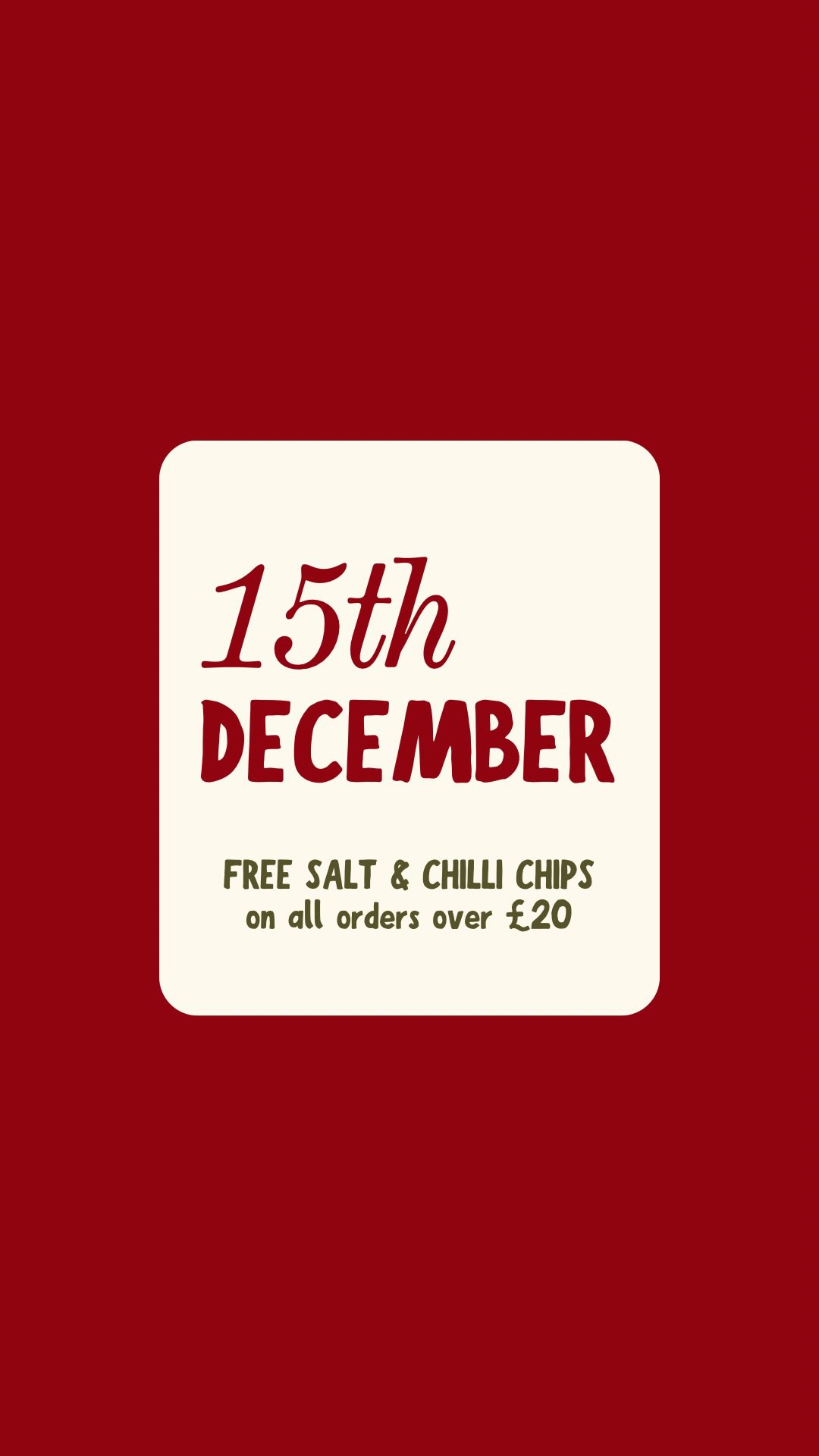 🔥 DAY 4 — SALT & CHILLI CHIPS 🎁🎅🏽
A customer favourite is FREE today! All orders over £20 get FREE Salt & Chilli Chips — crispy, spicy, and seriously addictive 😍🍟
🗓️ open from 5pm-10pm (Mon to Sat)
📞 order now ➜ 01908 227288
chinese takeaway in milton keynes | wolverton | foodie | places to eat milton keynes | hong kong food milton keynes | restaurant wolverton | food delivery milton keynes
#miltonkeynestakeaway #miltonkeynessmallbusiness #miltonkeyneschinese #miltonkeyneschinesetakeaway #miltonkeynesfood #miltonkeynesfoodies #wolvertonfood #chinesetakeaway #miltonkeynesfoodie #miltonkeynesfoodscene #miltonkeynesfoodblogger #miltonkeynesfooddelivery #wolvertonfoodies #foodiesofinstagram #chinesefood #foodielondon #foodstagram #instafood #foodpic #delicious #foodoftheday #foodpics #hongkongfooduk #miltonkeynes #chinesefoodlover #wolvertoneats
