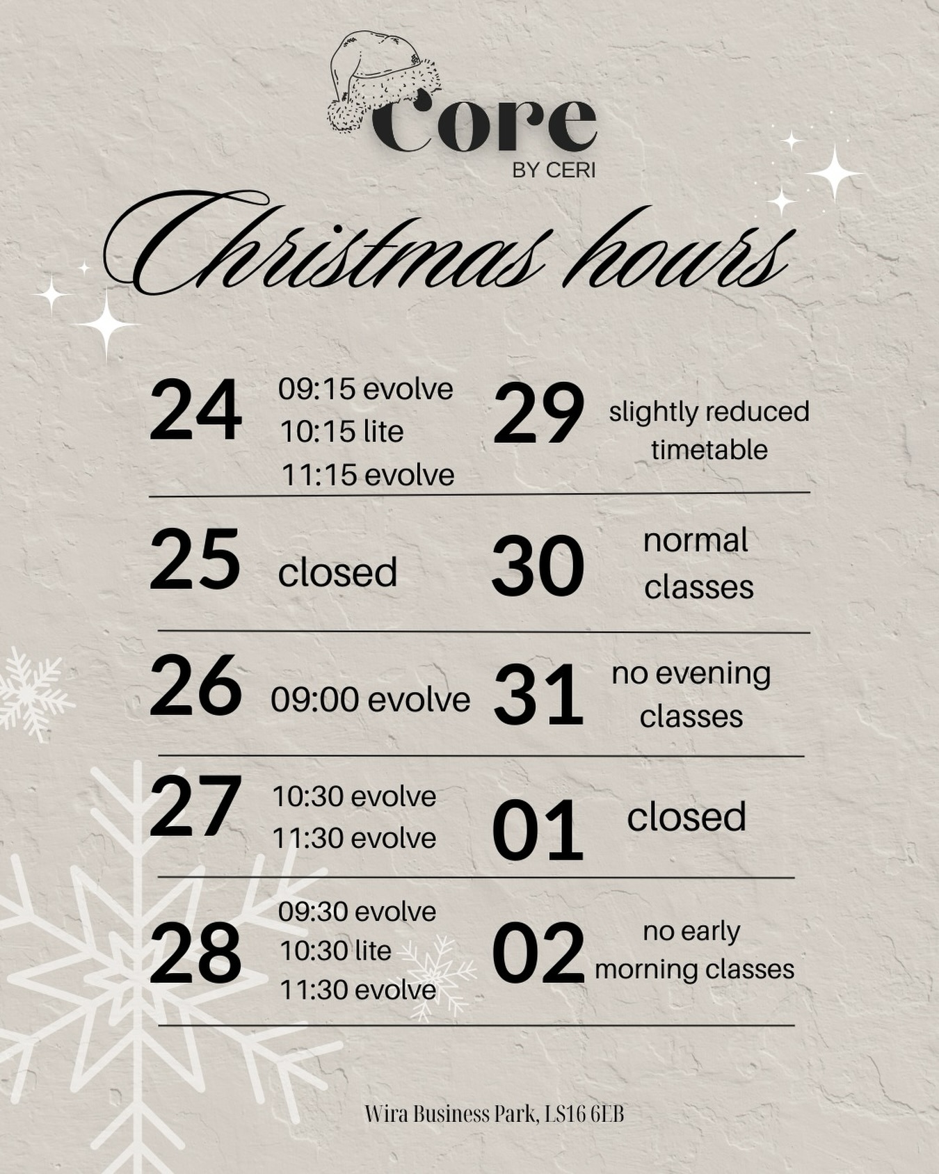 Core Christmas & New Year hours are here ✨
Thank you for such an amazing first few months.
If you do fancy a quick Boxing Day session, there are a few spots left…
9am Reformer, then straight back to the pigs in blankets 🎄🥓
