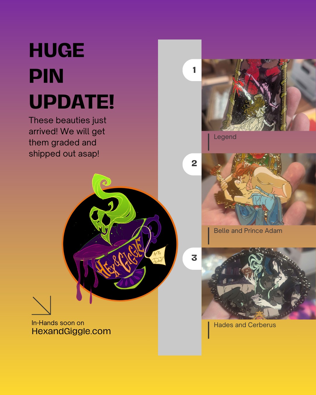 Good afternoon, Pin Goblins!!! This is the update you have been waiting for....Legend, Belle and Prince Adam and Hades and Cerberus have finally arrived!!!! Thank you for your patience as it's definitely taking longer to get things in recently. Still, they are all beautiful and we will get these graded and shipped soon!!!!
#pinupdate