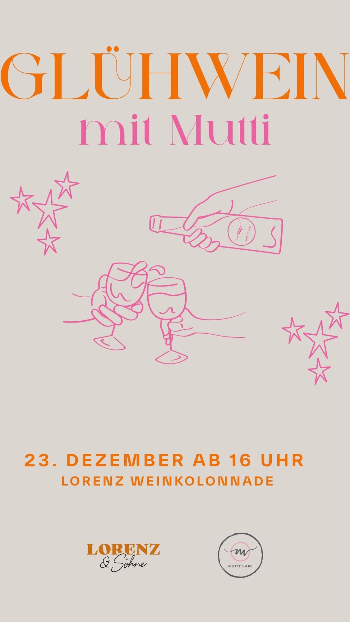 GLÜHWEIN MIT MUTTI ⭐️
Am 23.12 ab 16 Uhr an der @lorenz_weinkolonnade
Genießt Glühwein & Bratwurst und startet entspannt in die Weihnachtsfeiertage. ✨
Kommt vorbei & stoßt mit uns auf 2025 an! 🫶🏼
#feierabendmitmutti #muttisape #lorenzundsoehne #weihnachten #glühweinmitmutti #glűhwein #weihnachtszeit #anstoßen #einstimmenaufweihnachten #gemeinsamezeit #lorenzweinkolonnade #badkreuznach #weinlandnahe #nahewein