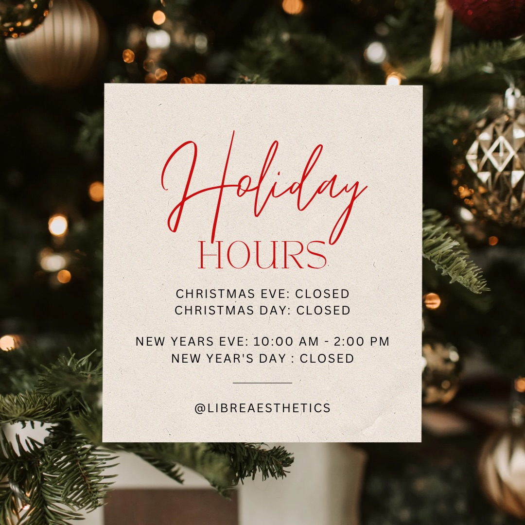 🎄✨Holiday Schdule at Librè ✨🎄
Closed: Christmas Eve & Christmas Day
Limited Hours: New Year’s Eve
Closed: New Year’s Day
With only 10 days until Christmas, availability is limited. Secure your appointment now for a glowing, refreshed holiday glow 🎁🌟