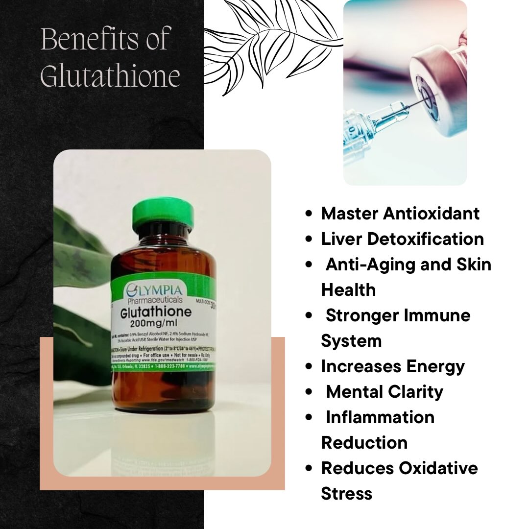 Did you know I offer Glutathione injections?
What is it?
Glutathione is known as your body’s master antioxidant.
It’s naturally produced in the liver, but levels can drop due to age, stress, or toxin exposure. Supplementing with Glutathione helps restore balance and protects your body on a cellular level.
Why it matters:
Supports liver detox
✔️Boosts your immune system
✔️Increases energy
✔️Improves mental clarity
✔️Brightens + evens skin tone
✨The result? You feel healthier, more energized, and
your skin glows from the inside out 💁🏻♀️
Dm or 📲971-375-6381 to book
Sabías que ofrezco inyecciones de Glutatíon?
¿Qué es?
El glutatión es conocido como el antioxidante principal del cuerpo. Se produce naturalmente en el hígado, pero sus niveles pueden disminuir debido a la edad, el estrés o la exposición a toxinas. Suplementar con glutatión ayuda a restablecer el equilibrio y protege el cuerpo a nivel celular.
Por qué es importante ⁉️
✔️Favorece la desintoxicación del hígado
✔️Fortalece el sistema inmunológico
✔️Disminuye la inflamación
✔️ Aumenta la energía
✔️Mejora la claridad mental
✔️Ilumina y unifica el tono de la piel
Manda mensaje o 📲 971-375-6381 para agendar tu cita