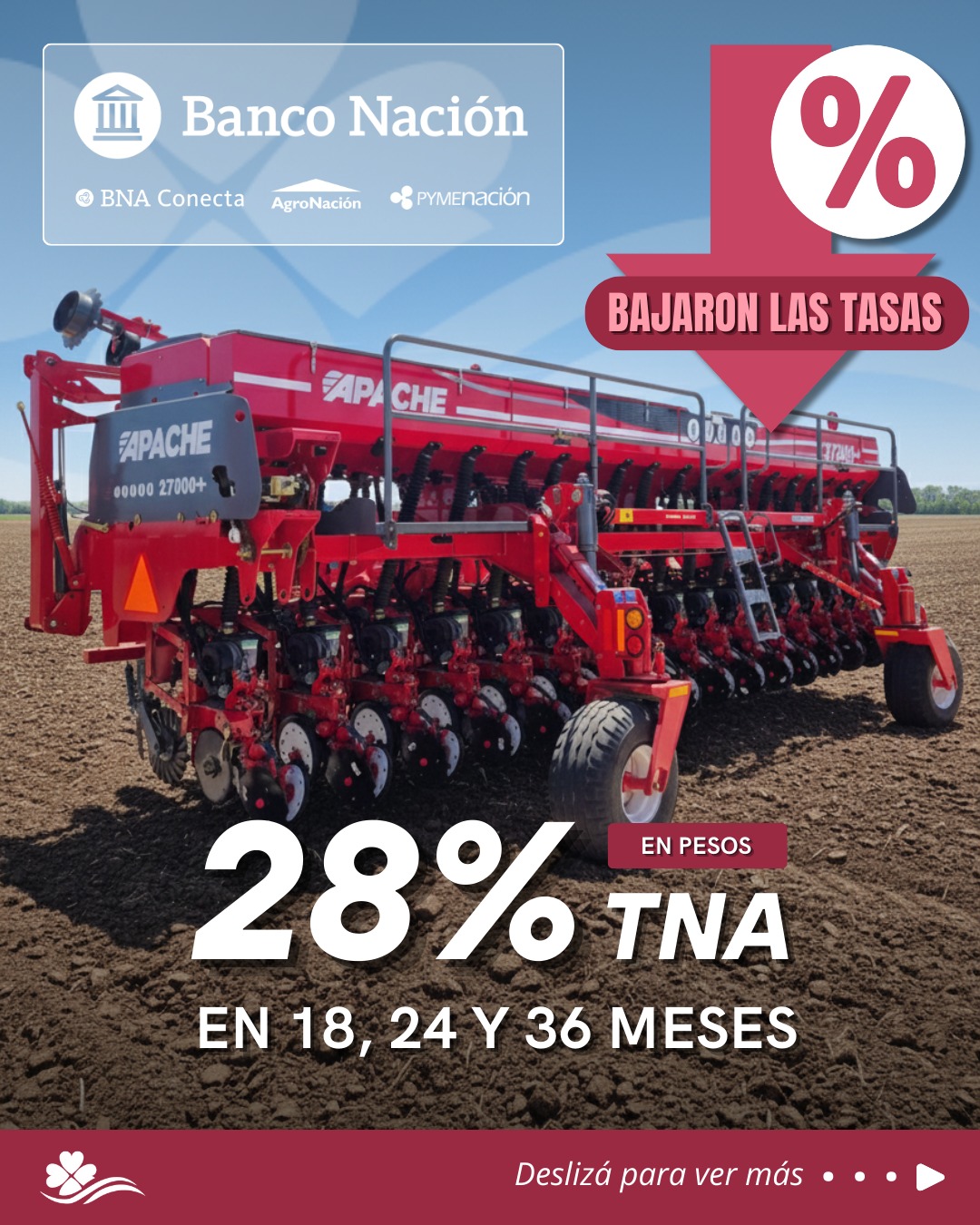 ¡Bajaron las tasas!⬇️
🌱Comprá tu próxima Apache financiada en pesos o dólares con Banco Nación
✔️ En pesos: 28% TNA en 18, 24 y 36 meses
✔️ En pesos: 29% TNA en 48 meses
✔️ En dólares: 9,5% TNA en 48 meses
Aprovechá y sumá un equipo de vanguardia para tu próxima campaña
No dudes con contactarnos📞📲
#apache #sembradoras #agricultura #agriculturadeprecision #siembra #campo #campoargentino #agro #agronegocio #trevoragro #trevoragromaquinaria #maquinariaagricola
