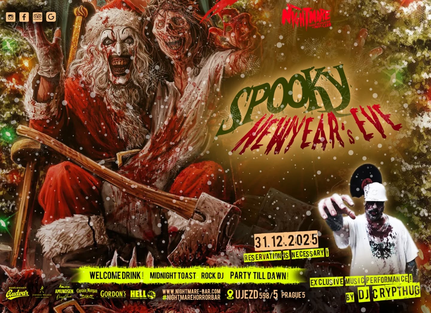 THE LAST EVENT OF THIS YEAR, SPOOKY NEW YEAR'S EVE 🕛 IS COMING!! 👻🥂🍾🎄
Přijďte k nám oslavit Silvestr 2025 ve společnosti vašich již oblíbených hororových postav!!
Čeká na vás:
👻 Silvestrovská výzdoba 🎈🎈🎈
👻 Welcome shot 🍷
👻 Novoroční přípitek 🥂🍾
👻 ROCK DJ - DJ CRYPTHUG 🎧🎛️🎶
👻 Party do rána! 🥳
Pozor! Vzhledem k omezené kapacitě rezervace je nutná❗
Rezervujte si stůl přes formulář na našich webových stránkách 👉 nightmare-bar.com/reservation
Budeme se těšit na společnou oslavu!! 🖤
🇬🇧ENG:
Come to celebrate New Year's Eve 2025 in the company of your favorite horror movies characters!!
You can look forward to:
👻 New Year's decorations 🎈🎈🎈
👻 Welcome shot🍷
👻 Midnight toast🥂🍾
👻 ROCK DJ - DJ CRYPTHUG 🎧🎛️🎶
👻 Party till morning 🥳
Attention! Due to the limited capacity, reservation is required❗
You can book your table via our website 👉 nightmare-bar.com/reservation
Looking forward to seeing you!! 🖤