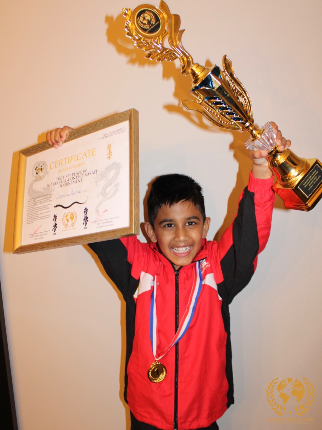 Proud moment for Damian ๐ฅ A well-earned gold medal at the dojo tournamentโhard work and dedication paying off. #kyokushin #karate