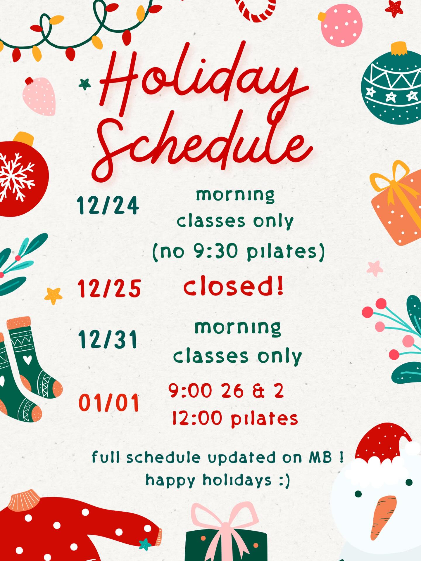 Happy holidays everybody! Schedule updated on MindBody, but here’s a cute lil graphic for the holiday schedule anyway 😎 Enjoy the holidays y’all, see you guys soon!! 🎄🎅🕎 #holidayschedule #focusbrynmawr #focuswithus