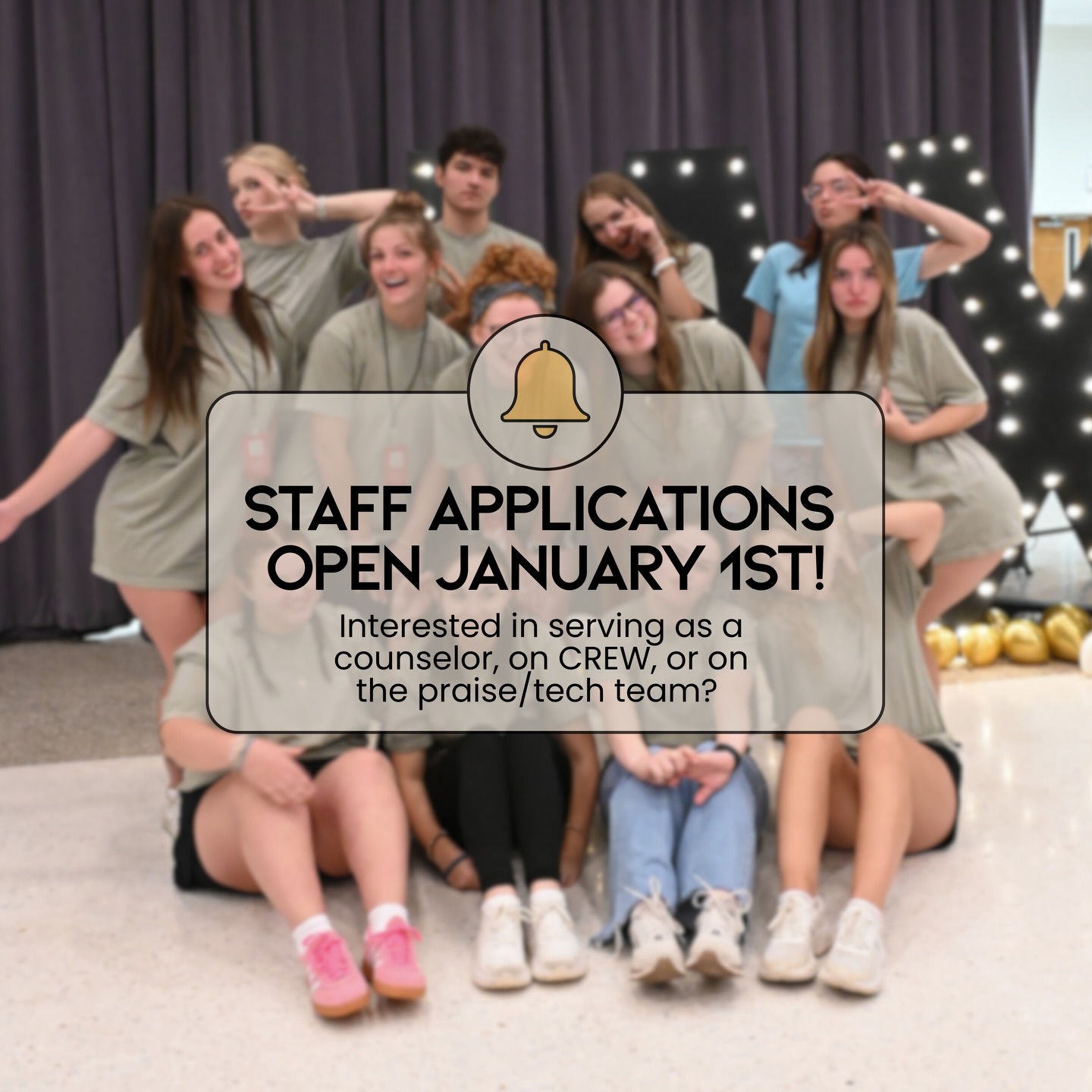 EXCITING NEWS!!!
Staff applications will be opening on January 1st, which is just TWO weeks away from today! We hope that you would prayerfully consider serving on staff and apply🙌🏻
Have questions? Feel free to DM us!