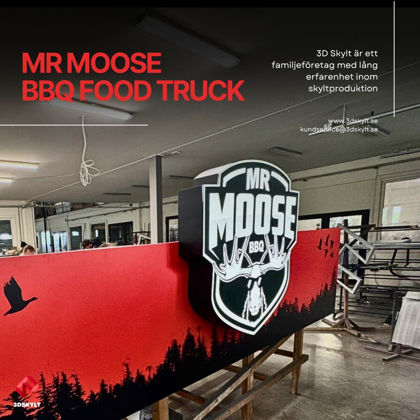 Mr Moose BBQ food truck-skylt – tillverkad med en 3D-logga som sticker ut och är utfällbar.
#3dskylt #skyltar #sign #3dsign #channelletters #signboard #företag #skyltfönster #butik #nordiskdesign
