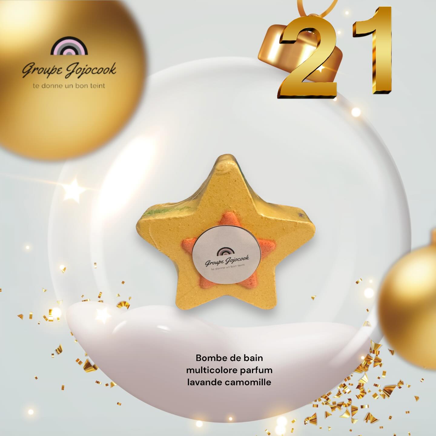 Jour 21 — Bombe de bain étoile • Lavande & Camomille ⭐🛁
✨ Jour 21 — Le rituel détente par excellence.
Aujourd’hui, découvre notre bombe de bain multicolore en forme d’étoile, parfumée à la lavande et à la camomille ⭐💜
Elle pétille d