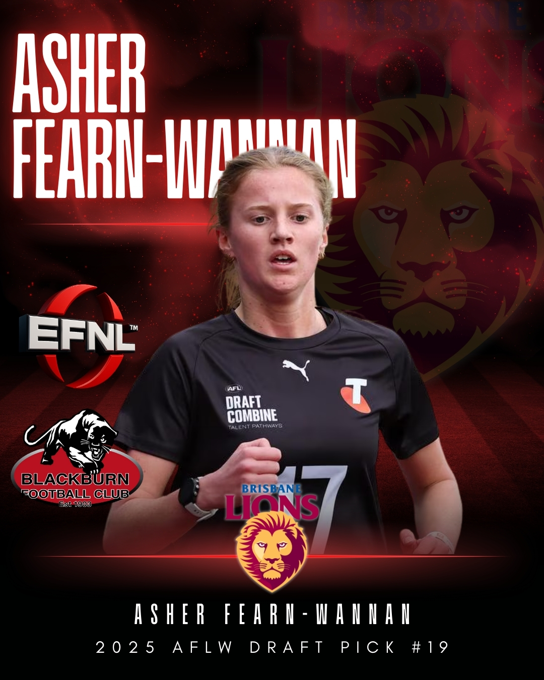AFLW Draft | Asher Fearn-Wannan
Congratulations to @blackburnjuniorfootballclub's Asher Fearn-Wannan, selected by the @lionsaflw at Pick number 19 in tonight's AFLW Draft!